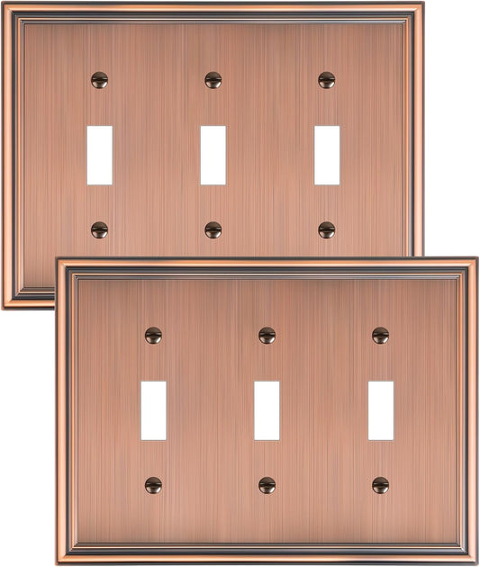2-Pack Triple Toggle Light Switch Cover Plate, Durable Solid Zinc Alloy Decorative Switch Plate Covers, Antique Copper 3 Gang Wall Plate, Corrosion Resistant