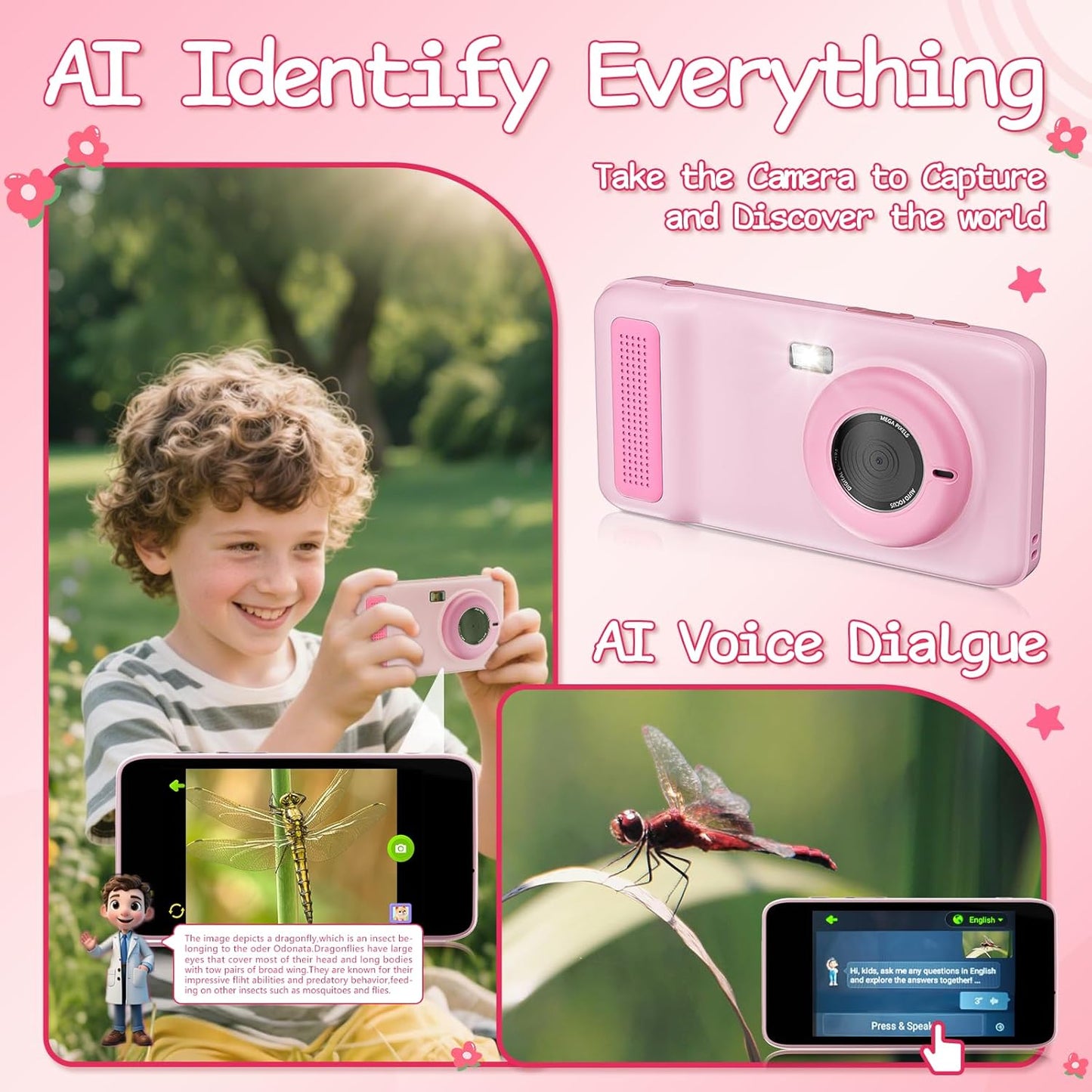 AI Digital Camera,AI Kids Camera Everything Recognition for 4 to 12 Years Old Girls Boys, Dual Lens,2.4GHz Wi-Fi,4" LCD Touch Screen,Gift Ideas for Birthday Christmas Festival