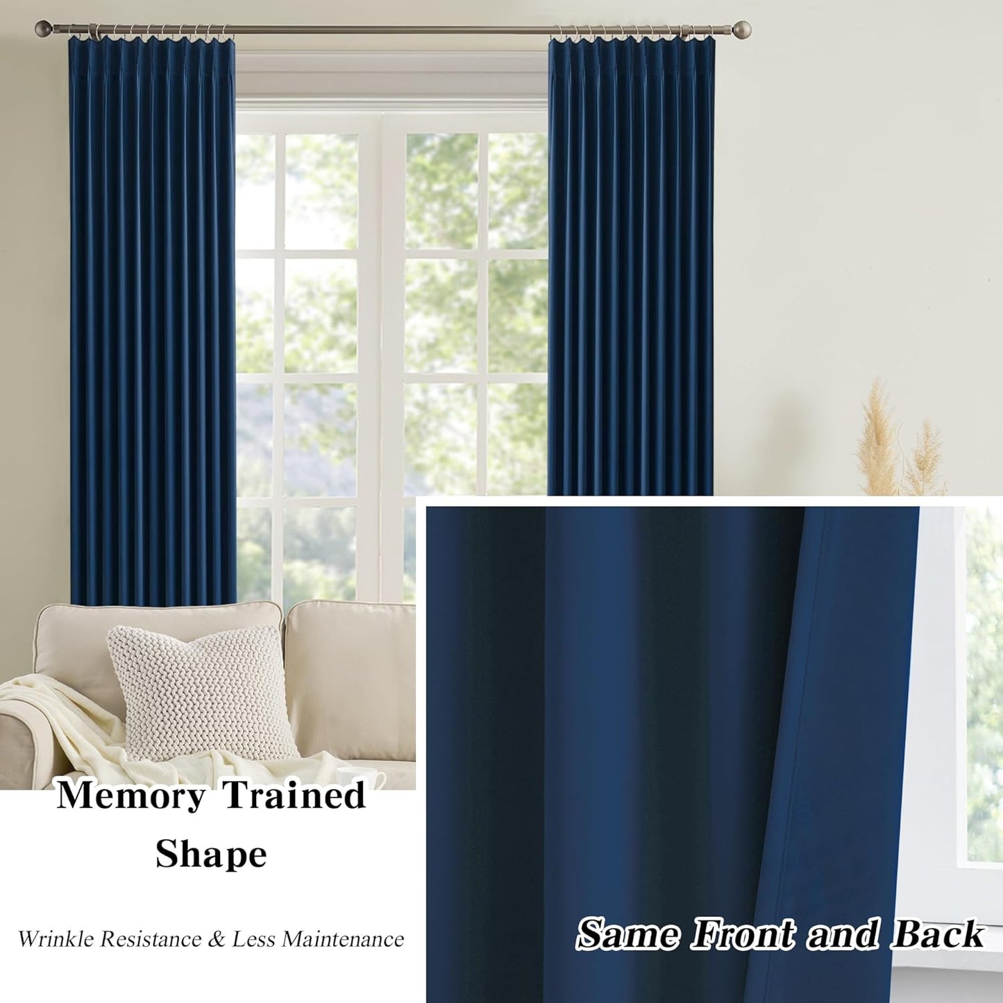 KEQIAOSUOCAI 2 PCs Navy Blue Pleat Wide Drapes for Sliding Glass Door 60 Wide x 90 Inch Long, Privacy Light Block Noise Reduce Insulated Ceiling to Floor for Locker Room Basement Bedroom Closet
