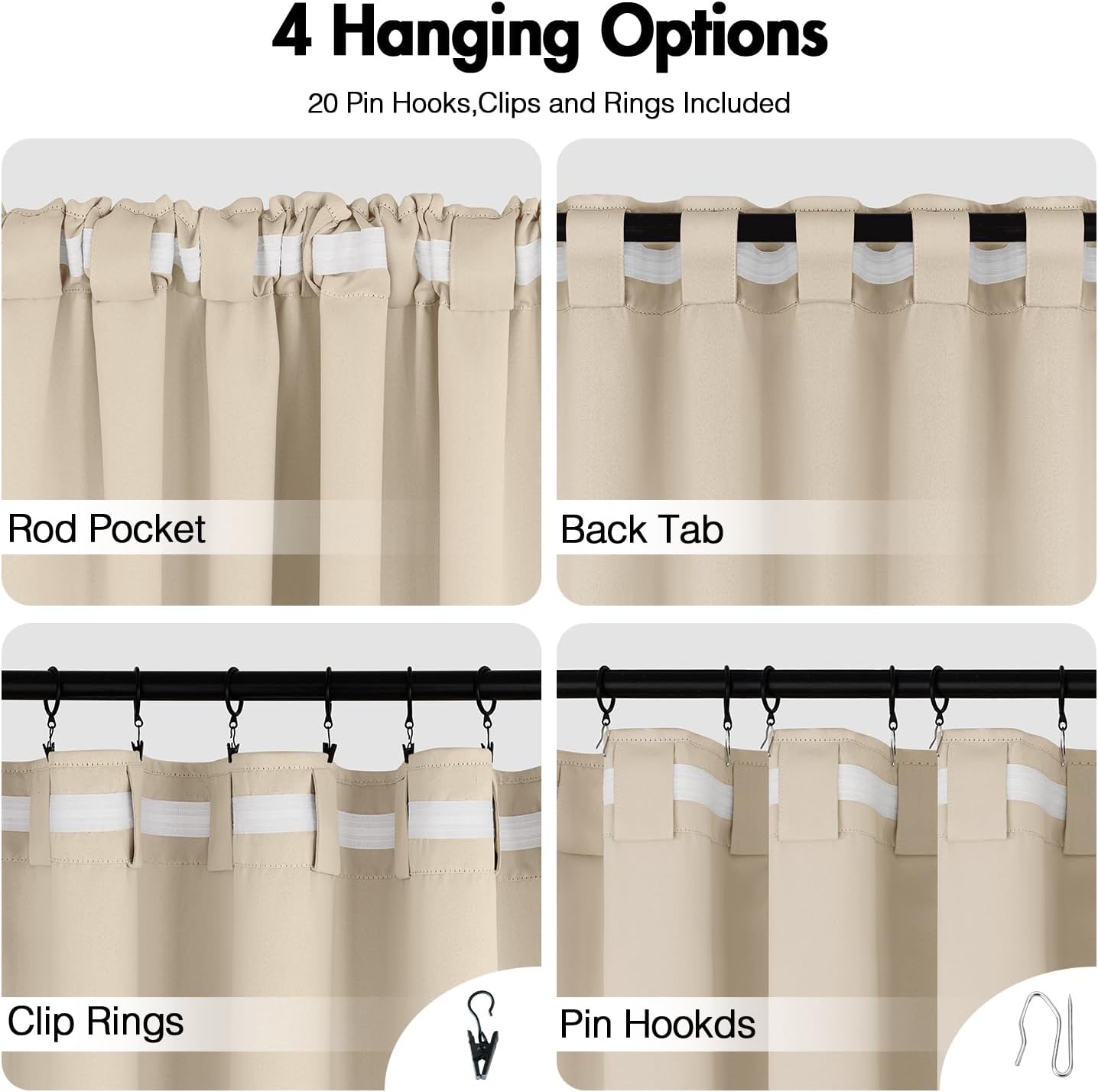 ANRODUO Back Tab Blackout Curtains for Bedroom Living Room, Rod Pocket Pinch Pleated Thermal Insulated Room Darkening Curtains 54 Inches Long 2 Panels, Cream Beige, 42 x 54 Inch