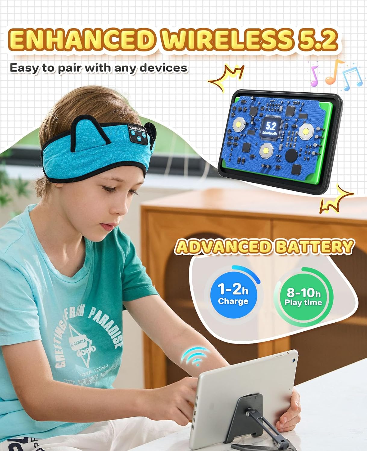 KIDSBAND Kids Headphones, Toddler/Baby Bluetooth Headband, Wireless Sleep Headphones for Kids with Wired Playback 3.5 MM Jack for Teens/Boys/Girls/School/Kindle/Airplane Travel/Plane/Tablet