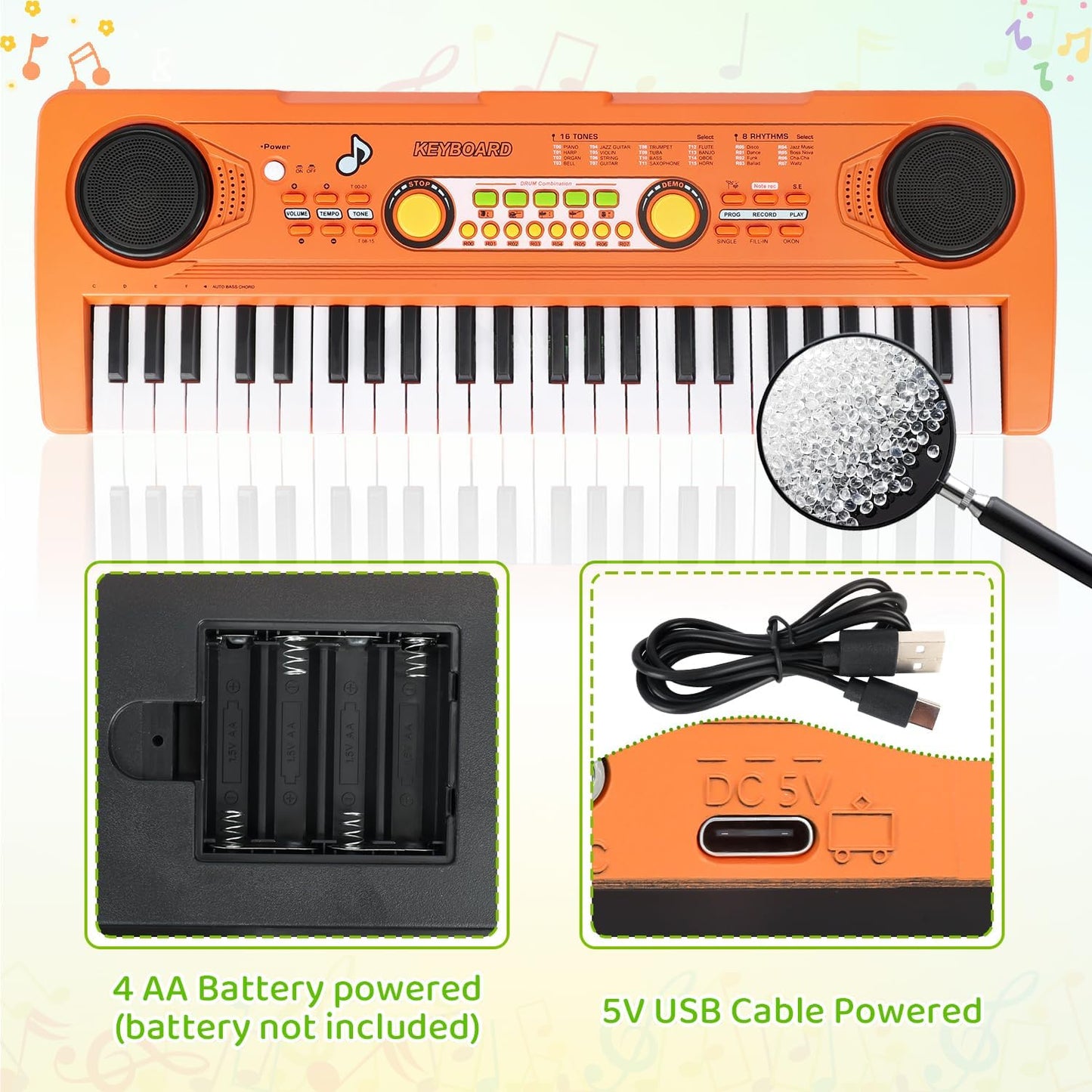 Kids Piano Keyboard Toy with Mic – 49 Keys Portable Electronic Piano for 3 4 5 6 7 Girls Boys Beginners Birthday Xmas Gifts, Orange