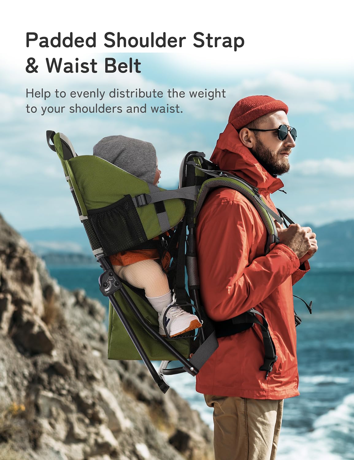 besrey Baby Backpack Carrier, Toddler Hiking Backpack with Safety 3-Height Seat, Adjustable Straps&Waist Belt, Foldable Frame Lightweight Large Capacity Child Carrier for Hiking (Army Green)