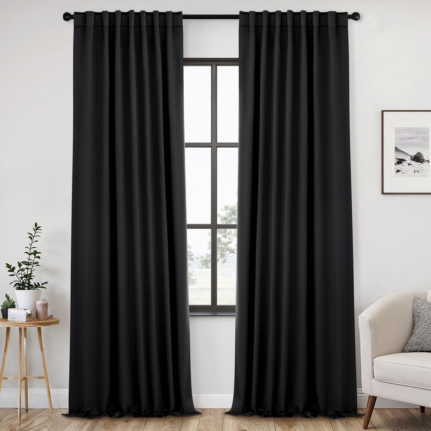ANRODUO Back Tab Blackout Curtains for Bedroom Living Room, Rod Pocket Pinch Pleated Thermal Insulated Room Darkening Curtains 120 Inches Long 2 Panels, Black, 52 x 120 Inch