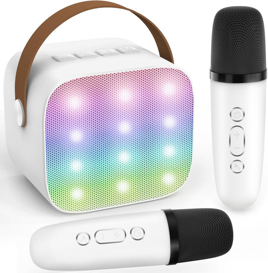 Mini Karaoke Machine for Kids Teen Adults - Toddler Toys Birthday Gift for Girls Ages 3-12, Portable Bluetooth Speaker Set with 2 Wireless Microphones fits Family Fun Home Party Outdoor Camping,White