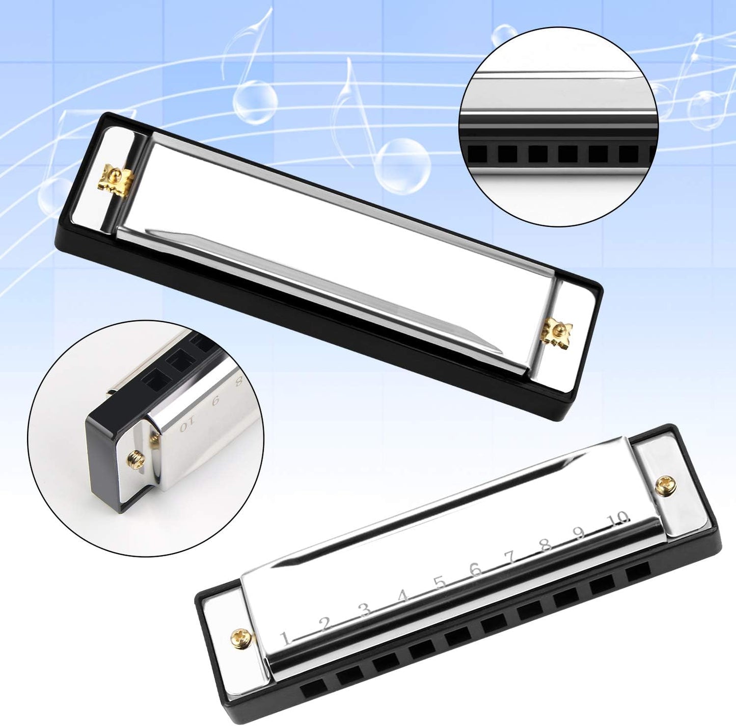 UPINS 4PCS Key of C 10 Hole 10 Tones Titanium Color Harmonica with Case for Beginner(Gold, Silvery, Black, Red)