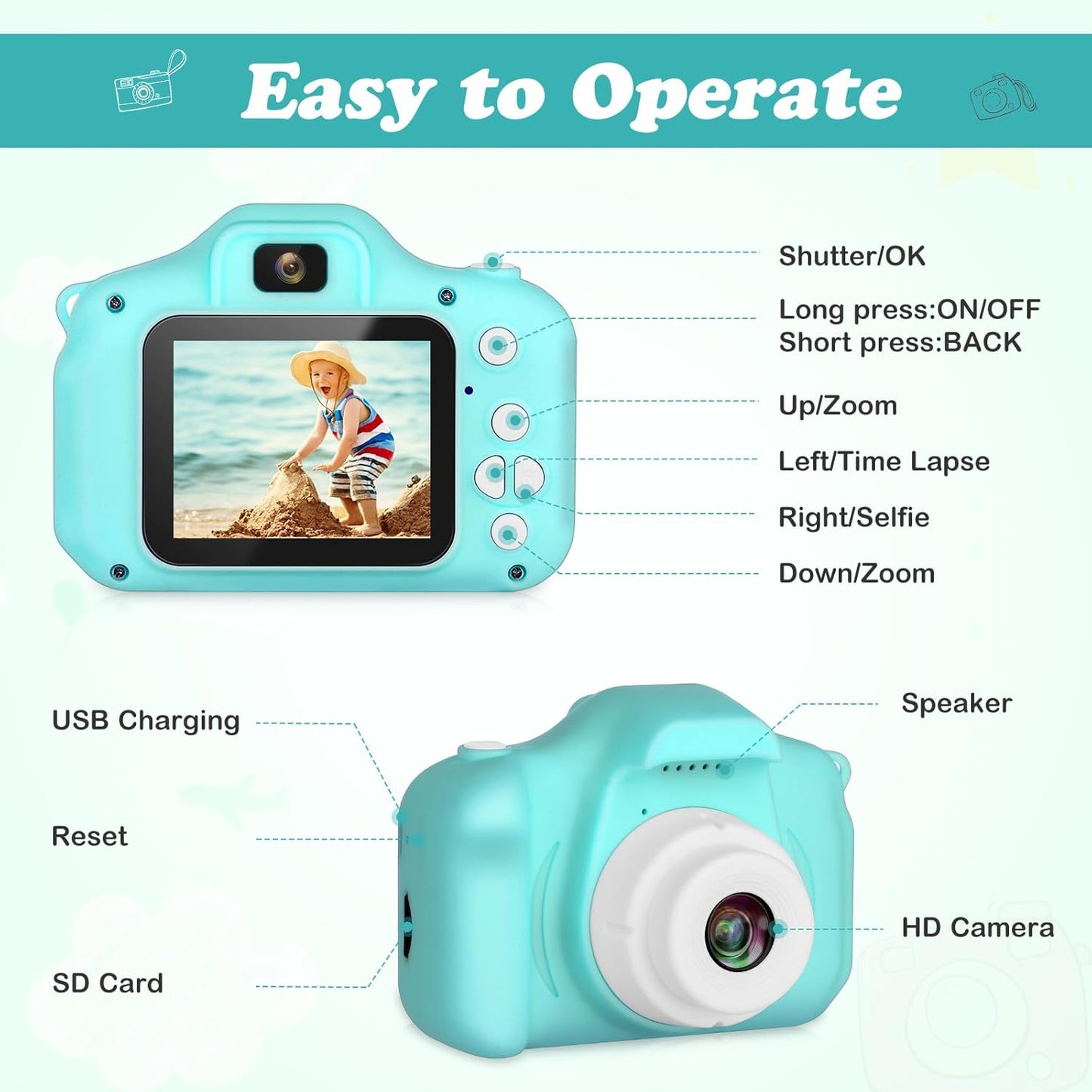 Kids Camera, HD Digital Video Camera, Childrens Toys for 3 4 5 6 7 8 9 Year Old Boys/Girls, Selfie Camera for Kids, Christmas Birthday Gifts with 32GB SD Card (Green)