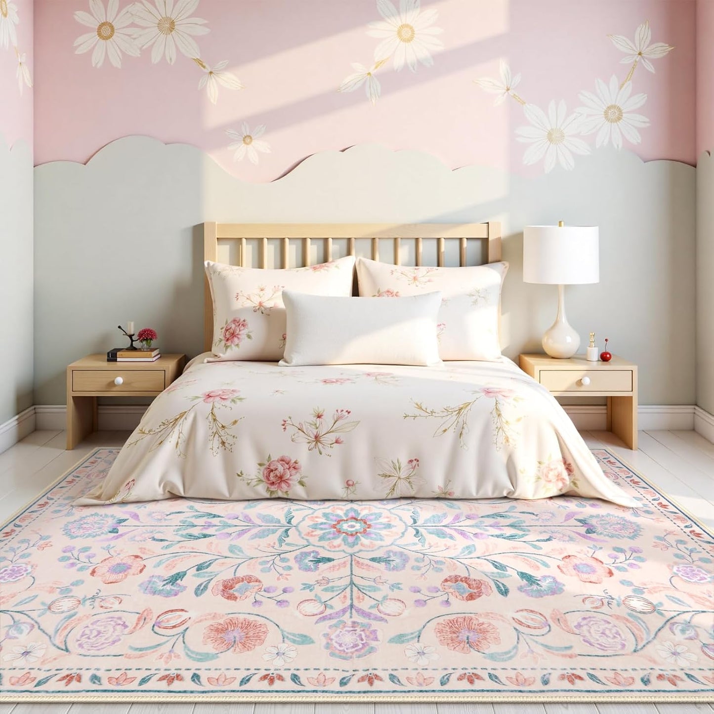 Anidaroel Boho Rugs for Living Room 8x10, Washable Pink Area Rug for Bedroom Vintage Soft Girls Room Rug, Non Slip Distressed Nursery Rug Indoor Throw Carpet for Playroom Dining Room