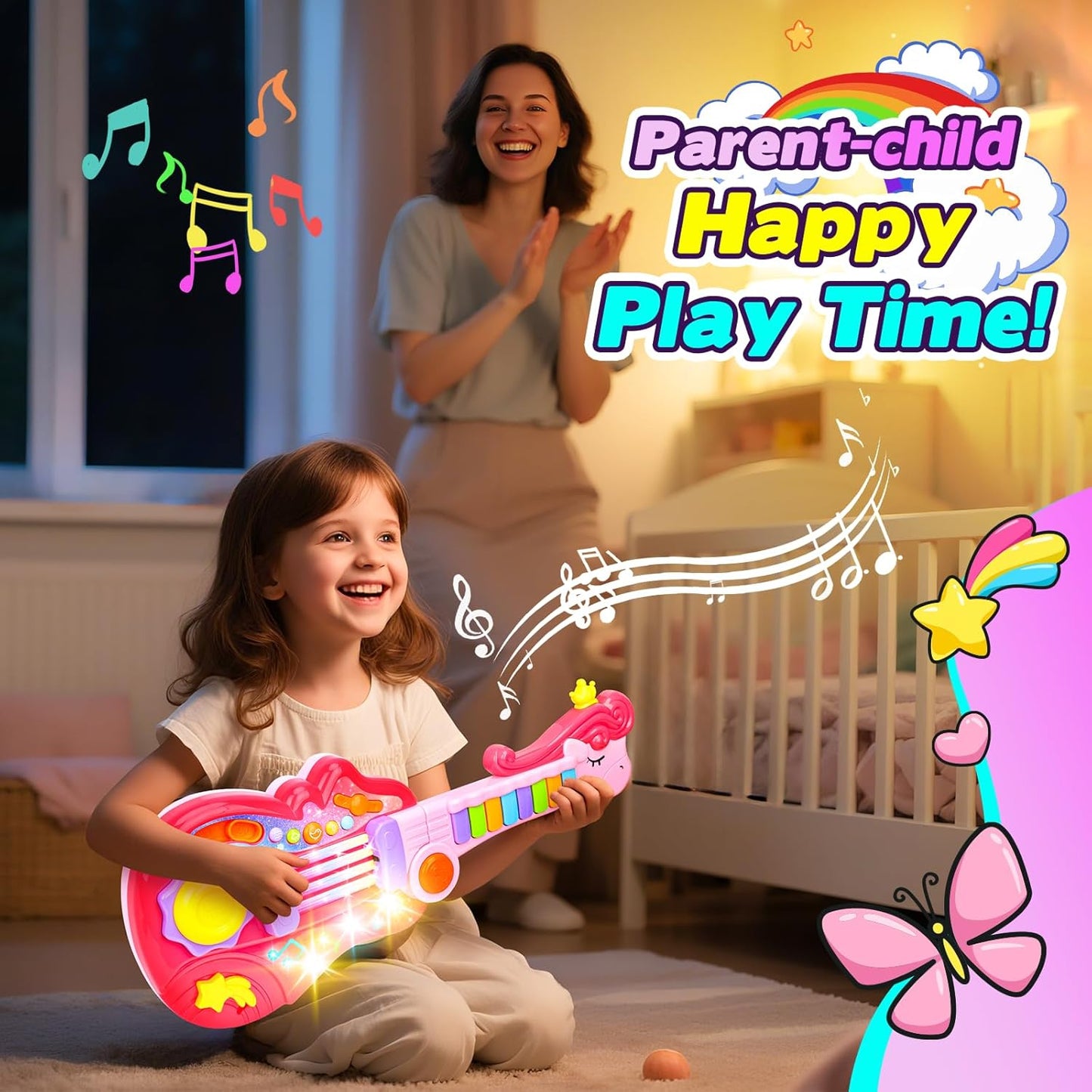 Kids Guitar Toy for 3 Year Old Girl Gift 2-in-1 Electric Guitars with Piano Mode for Toddlers 2-4 Light Up Music Toys for 2 3 4 5 Year Old Girls Boys Gifts