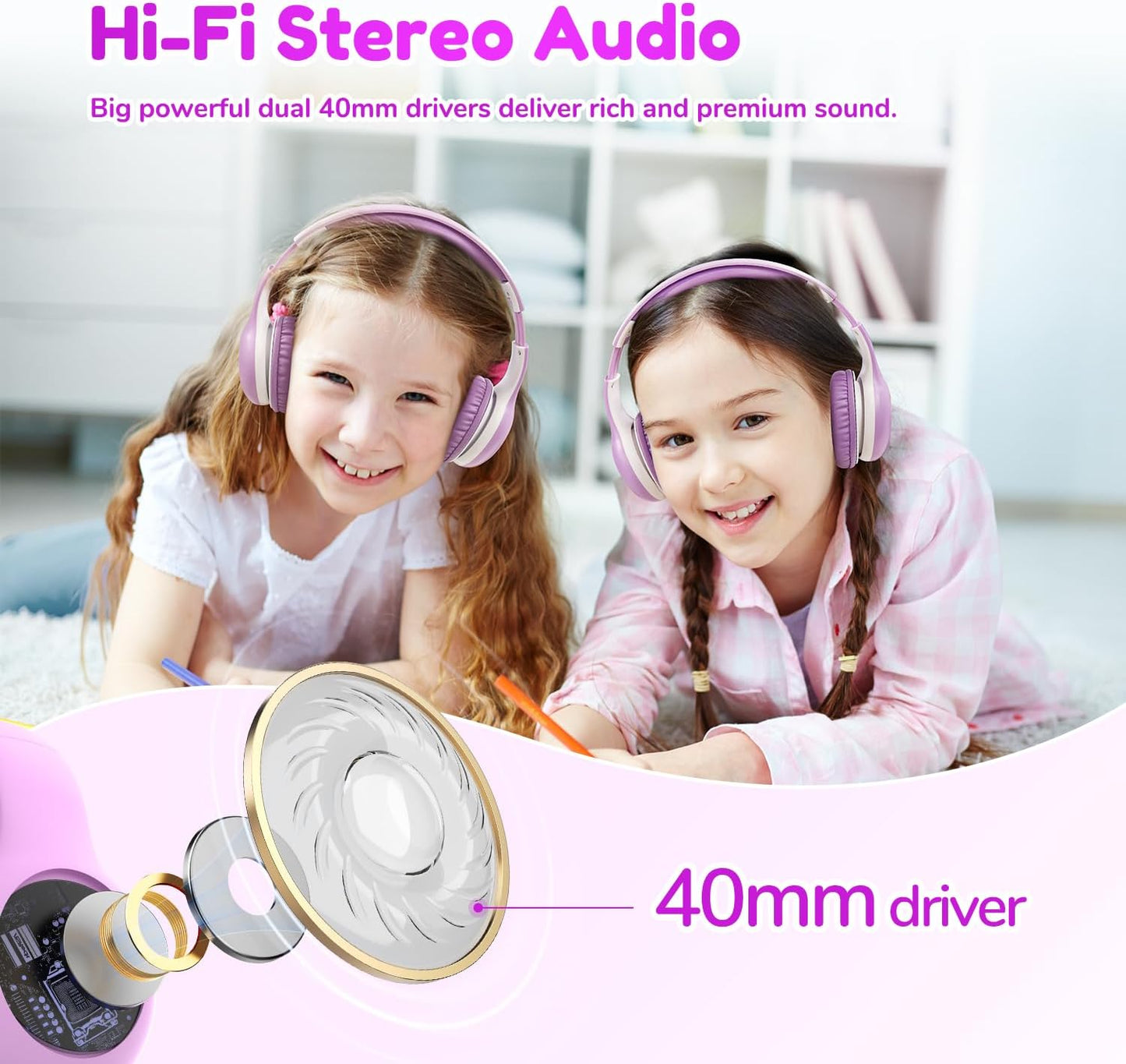 EarFun K2 Kids Bluetooth Headphones, Kids Headphones with Volume Limited, 40H Playtime, Built-in Mic, Stereo Sound, Foldable Over-Ear Headphone for School/Travel/iPad/Tablet, Violet