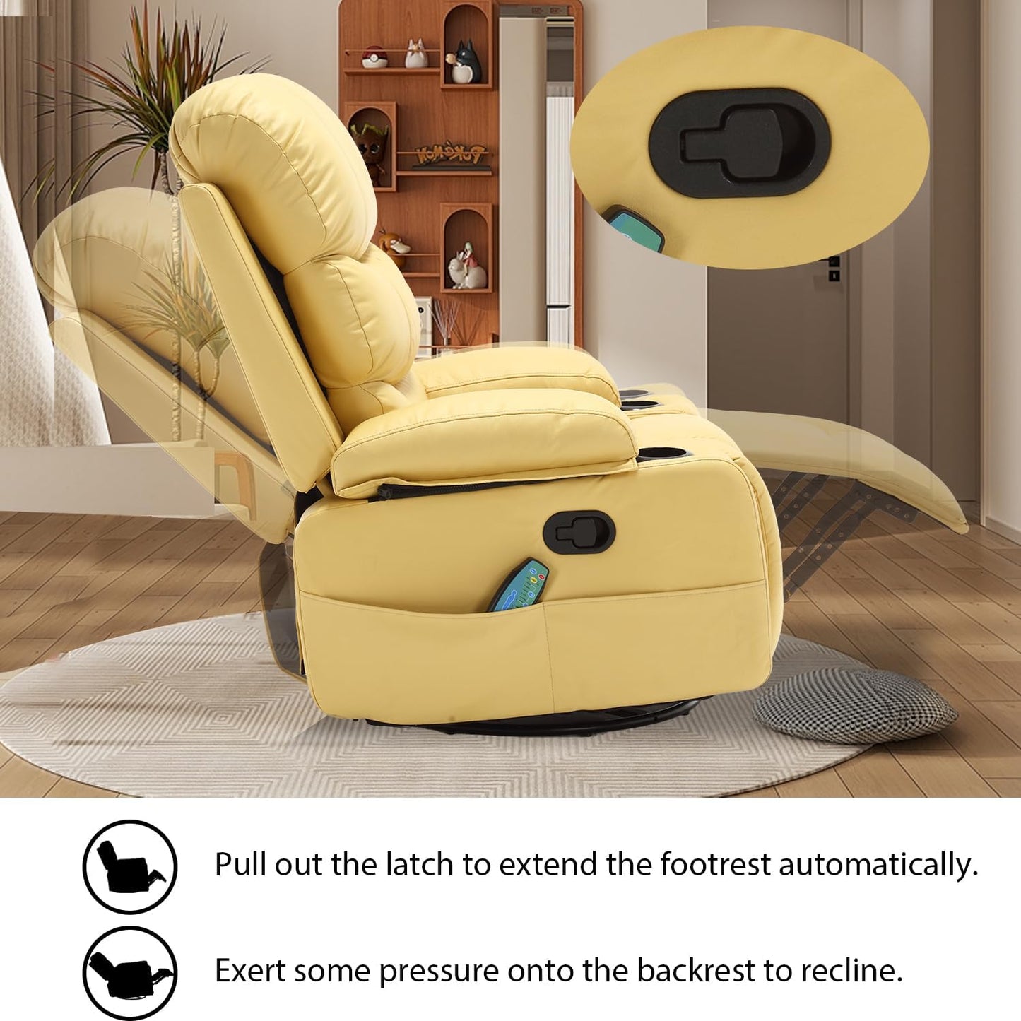 KCQ Massage Swivel Rocker Recliner Chairs with Heat Cup Holders Faux Leather Overstuffed Manual Reclining Chair Rocking Glider Chair for Adults, Yellow