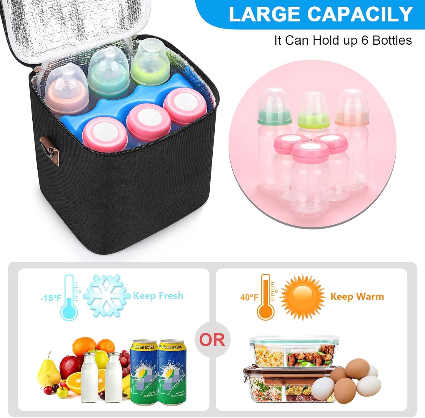 Accmor Breastmilk Cooler Bag with Ice Pack, Baby Bottle Cooler Bags, Insulated Bottle Cooler Tote Bags On The Go, Fits 6 Large 9oz Bottles, for Nursing Mom Daycare Travel, Black