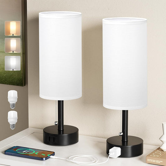 White Bedside Table Lamps Set of 2-3 Color Temperatures Pull Chain Lamp with AC Outlet Charging Port, Round Night Stand Lamps for Bedroom Office, Small Bed Side Light with E26 LED Bulbs