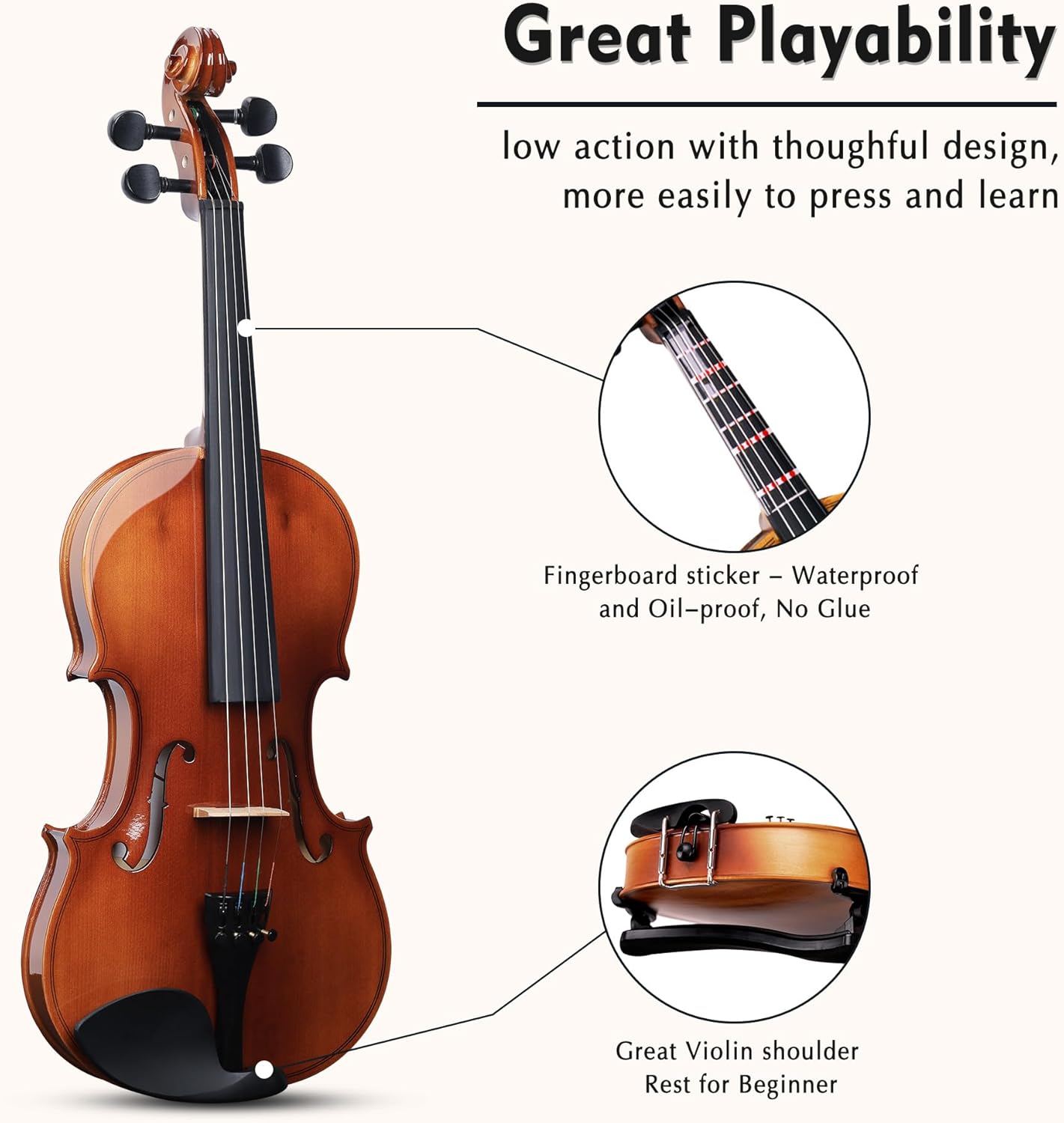 ADM 4/4 Full Size Wood Violin Set for Kids Teens Students Adults Beginner Acoustic Violin Glossy Fiddle Starter Kit with Hard Case, Rosin, Shoulder Rest, Bow, Clip-on Tuner and Fingerboard Sticker
