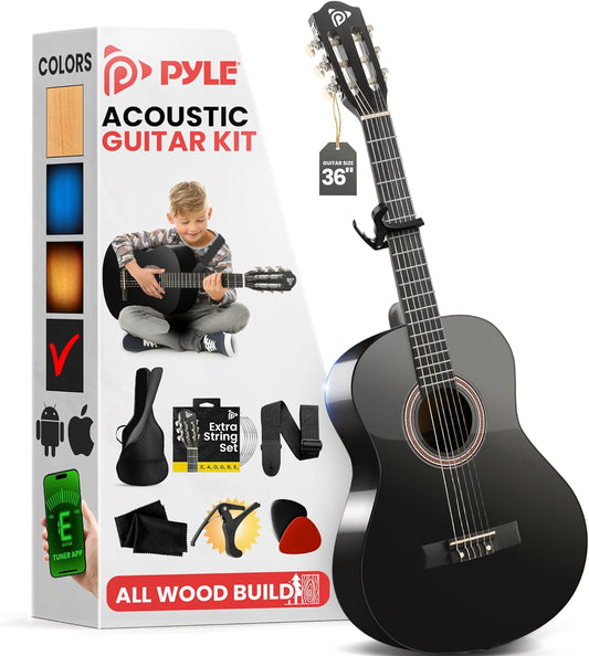 Pyle Beginner Acoustic Guitar Kit, 36" 3/4 Junior Size All Wood Build, Nylon Strings, Capo, Gig Bag, Strap, Extra String Set, Guitars for Adults and Youth, Black Gloss