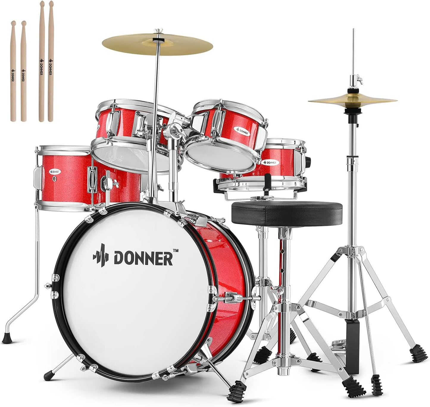 Kids Drum Sets Donner 5-Piece for Beginners,14 inch Junior Drum Kit, with Adjustable Throne, Cymbal, Hi-Hat, Pedal & Drumstick-Red
