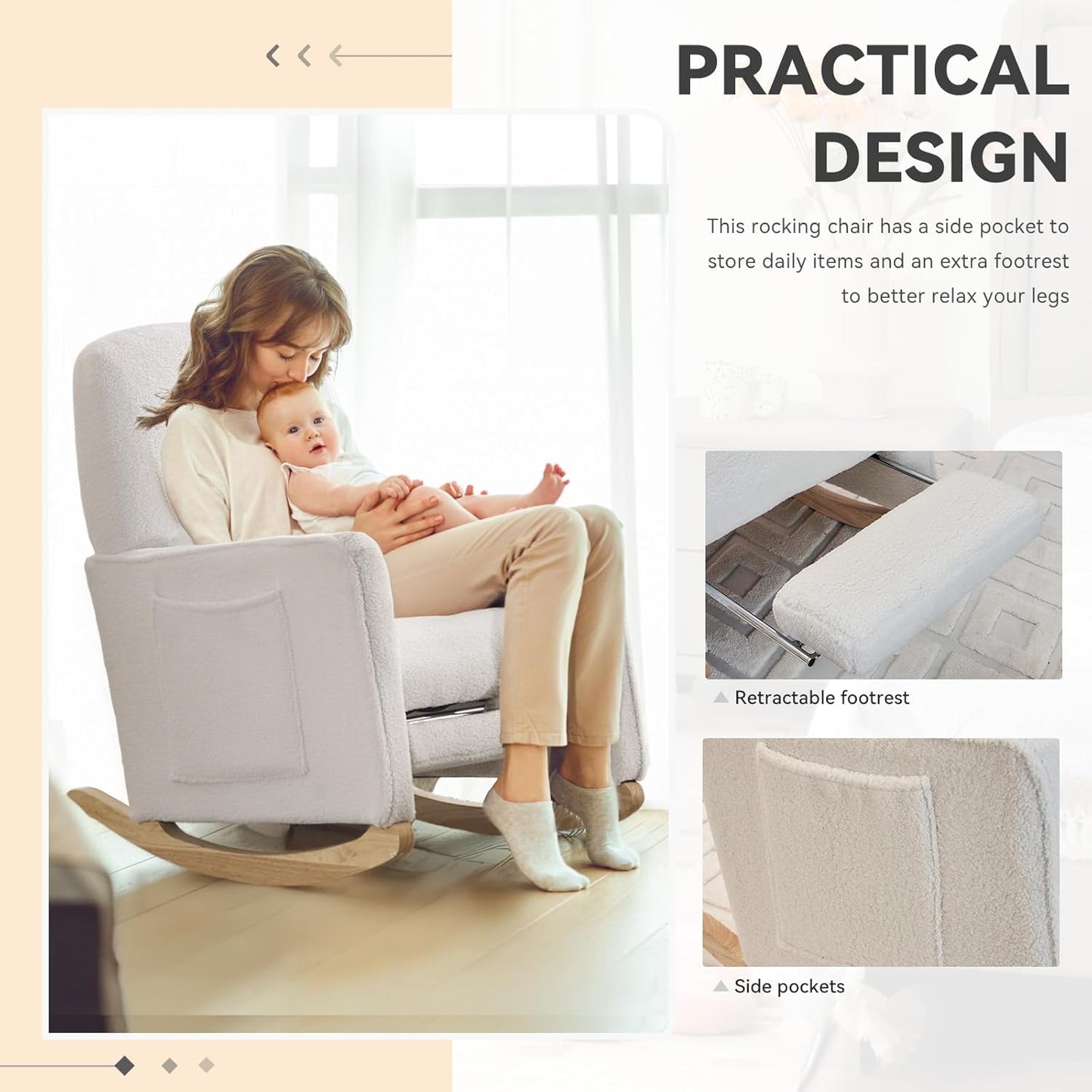 FOXHUNTER Rocking Chair Nursery with Adjustable Footrest and High Backrest, Upholstered Glider Chairs with Side Pockets for Nursery, Rocker Armchair Indoor for Living Room,White