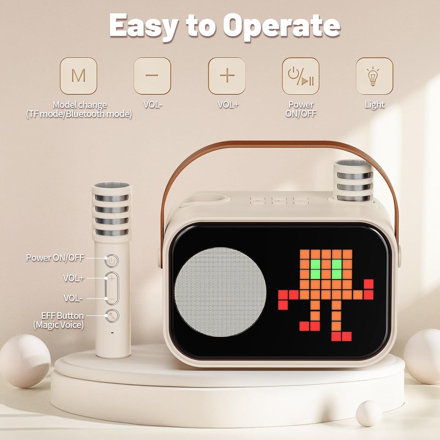 Karaoke Machine for Kids Adults, Portable Bluetooth Karaoke Speaker with 2 Wireless Microphones, Pixel Display Light, Birthday Gifts Toys for Girls & Boys Ages 3, 4, 5, 6, 7, 8, 9,10,11,12+ Years