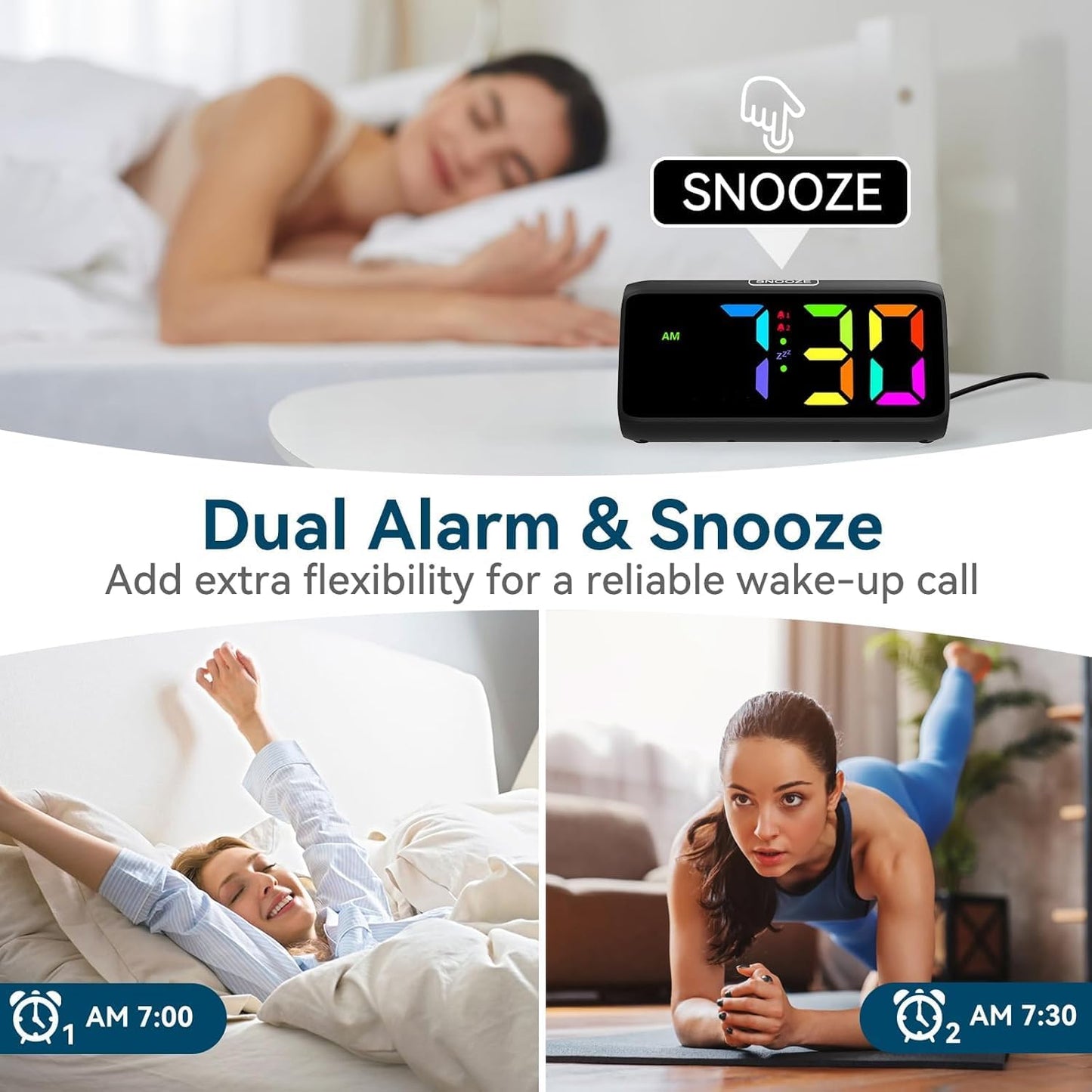 Netzu Loud Alarm Clock for Heavy Sleepers, RGB Alarm Clocks for Bedrooms Seniors Kids, Plug in Digital Clock with 5 Dimmers, 2 Alarms, 4 Volumes and Snooze
