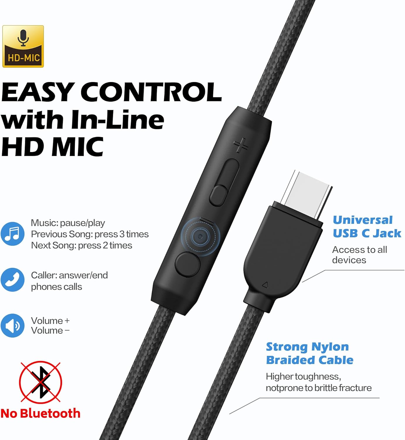 AILIHEN C8 USB-C Headphones Wired - Kids Headphones with Microphone & Volume Control, Foldable Stereo Sound Tangle-Free Type C Cord, Compatible with Cellphone, Laptop, PC (Black Blue)