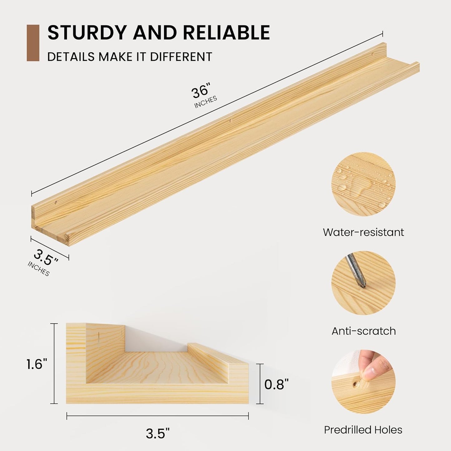 Picture Ledge Shelf, Solid Pine Wood Floating Shelves Set of 2, 32 Inches Nursery Book Shelves for Toys Storage, Kids Bookshelf Wall Mounted for Living Room Decor Photo Frames, Unfinished Natural