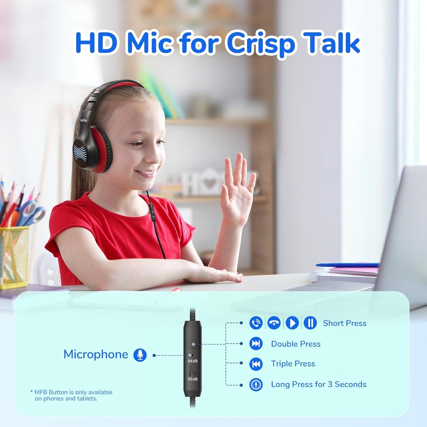 EarFun K3 Kids Headphones, Over Ear Headphones with Microphones, 85/94dB Volume Limit, HD Stereo Sound with LED Light, USB-C Cable, Foldable Wired Headphones for School/Boys/Girls/Tablet, Black