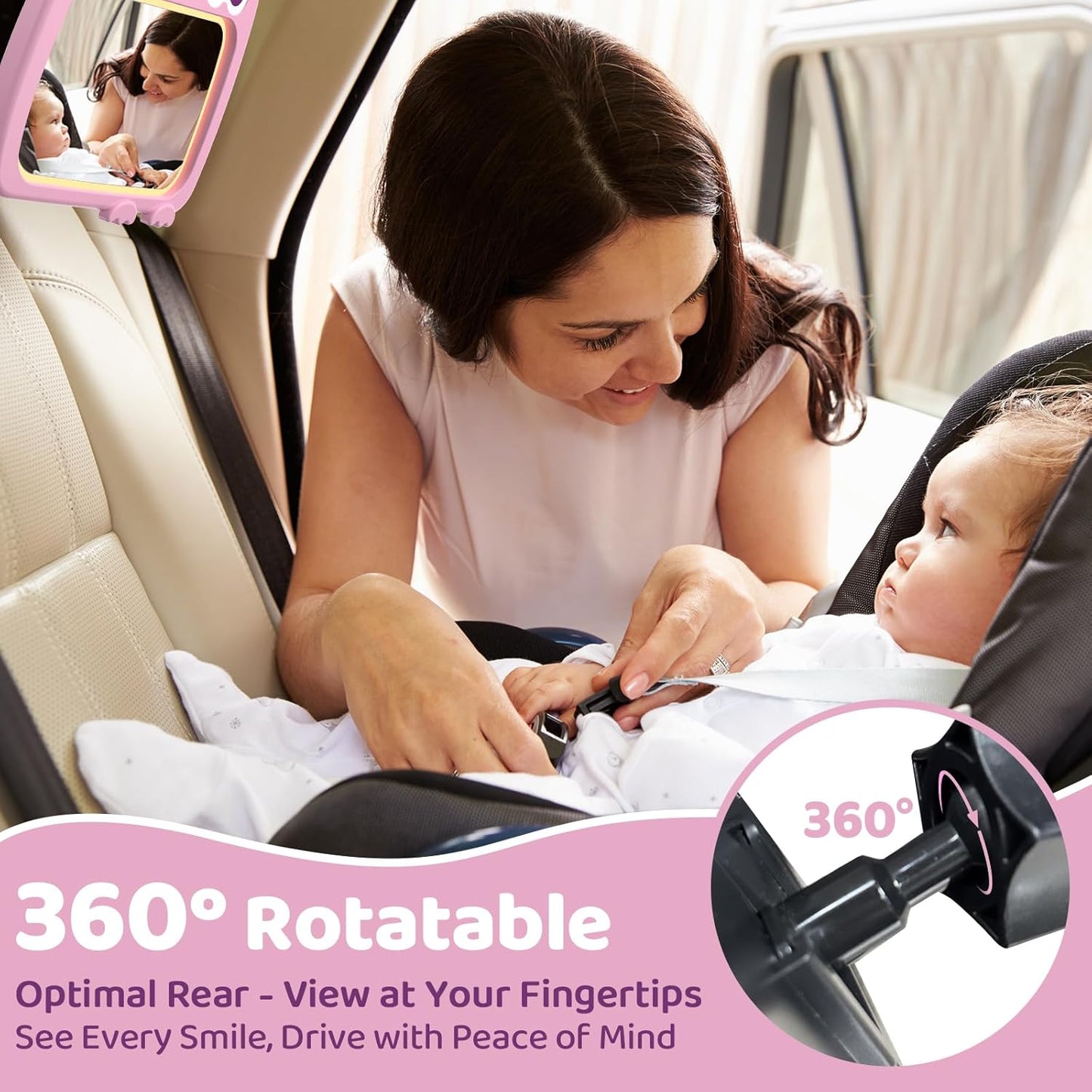2-in-1 Baby Car Mirror with Lights & Soft Sounds, Cry Detector, Clear Night View, 360° Rotation, Shatterproof, Rear Facing Baby Car Seat Mirror with Remote Control, Perfect Baby Shower Gifts (Pink)