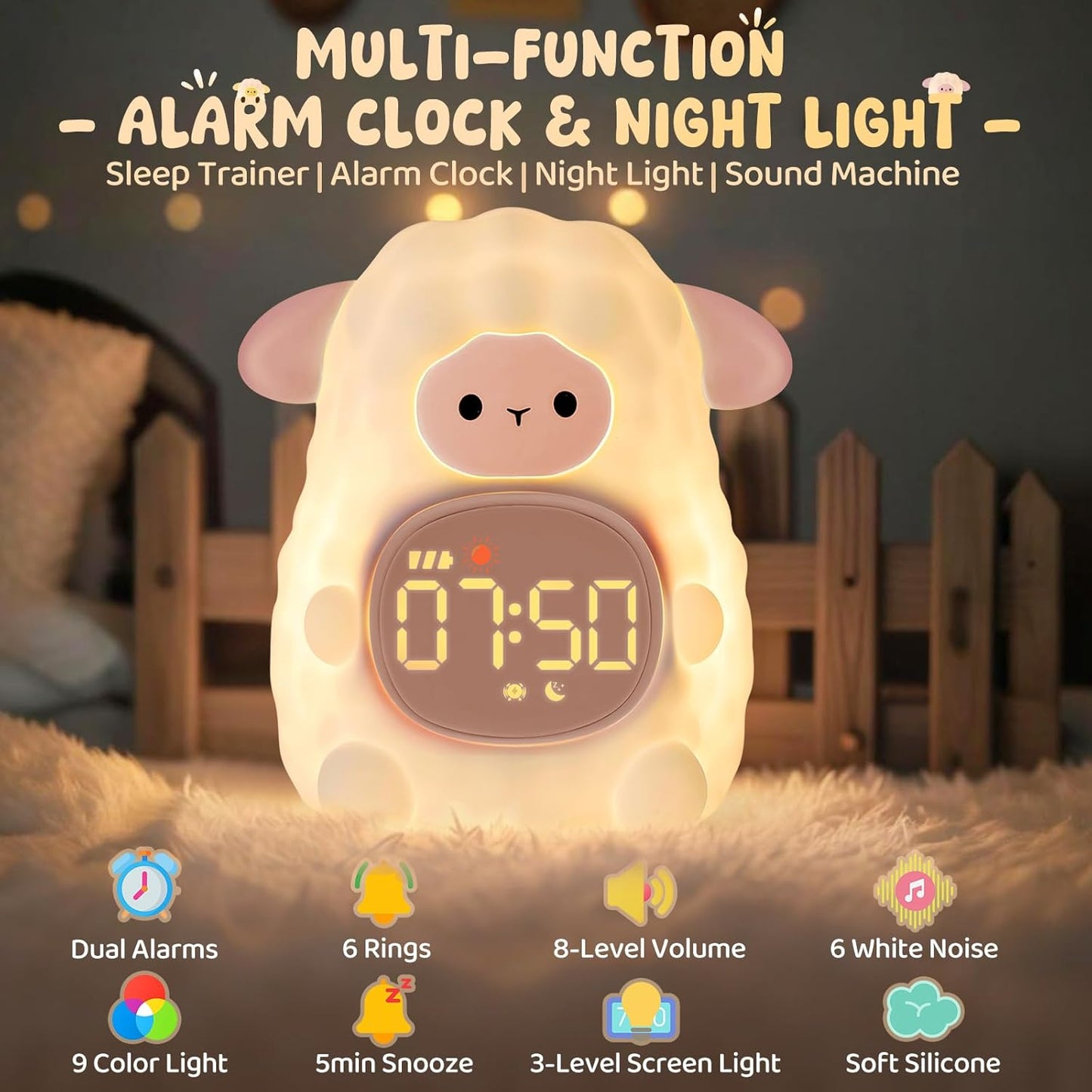 Sheep Alarm Clock with Night Light for Kids with Sleep Training and Sound Machine, Rechargeable Silicone Lamp OK to Wake Clock，Cute Animal Tabletop Lamp, Perfect Sleep Companion for Boys Girls, Pink