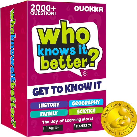 QUOKKA Who Knows Better? - Set 4 in 1 - Family Card Trivia Game | Fun Learning & Educational Questions for Families | Suitable for Boys & Girls