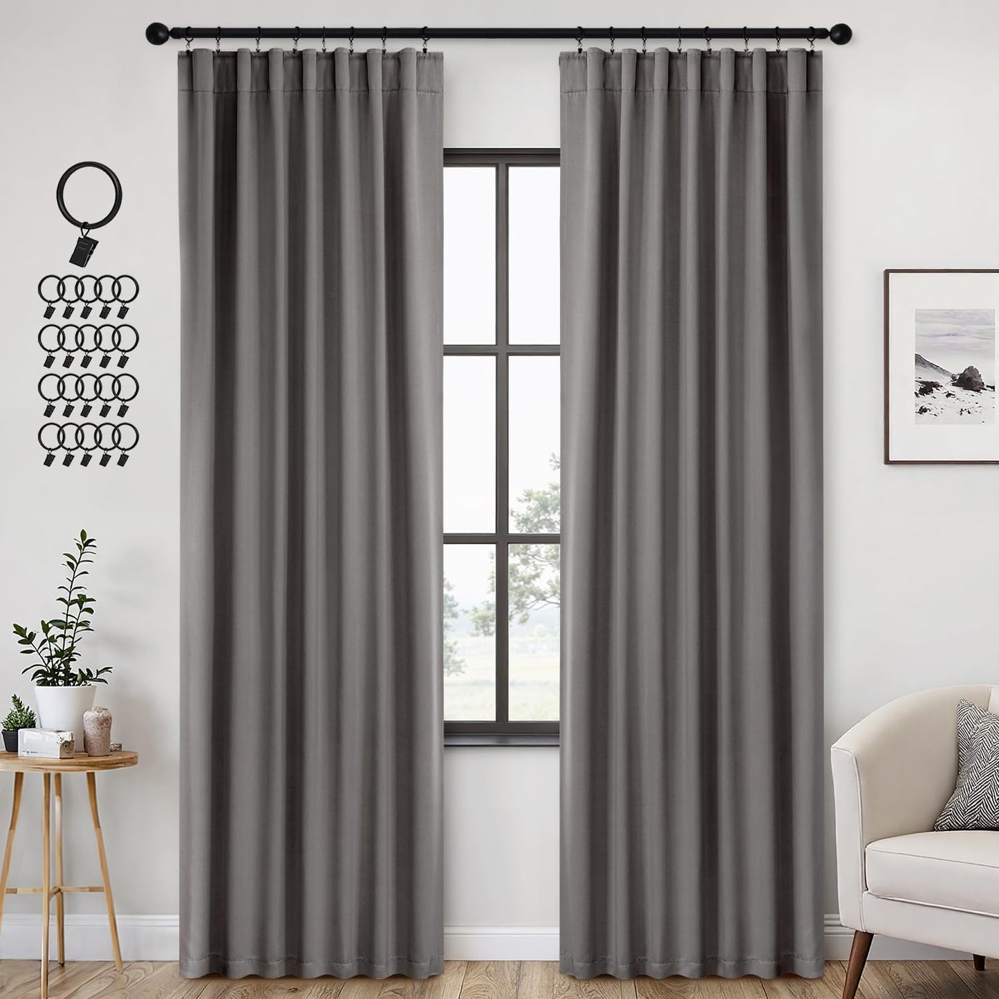 ANRODUO Back Tab Blackout Curtains for Bedroom Living Room, Rod Pocket Pinch Pleated Thermal Insulated Room Darkening Curtains 84 Inches Long 2 Panels, Grey, 42 x 84 Inch