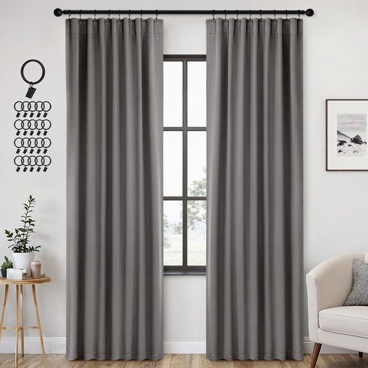 ANRODUO Back Tab Blackout Curtains for Bedroom Living Room, Rod Pocket Pinch Pleated Thermal Insulated Room Darkening Curtains 92 Inches Long 2 Panels, Grey, 42 x 92 Inch