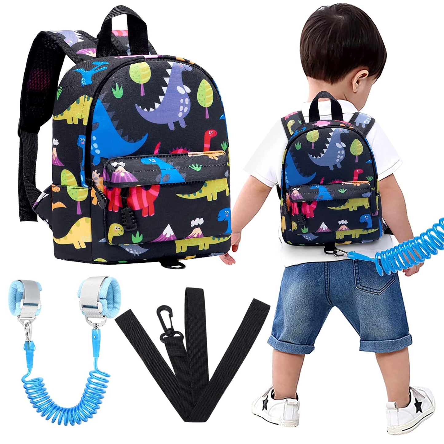 Accmor Toddler Backpack Leash with Anti Lost Wrist Link, Cute Mini Child Walking Harnesses Keep Kids Close Back Pack Rope Tether Rein for Baby Boys (Black/Dino)