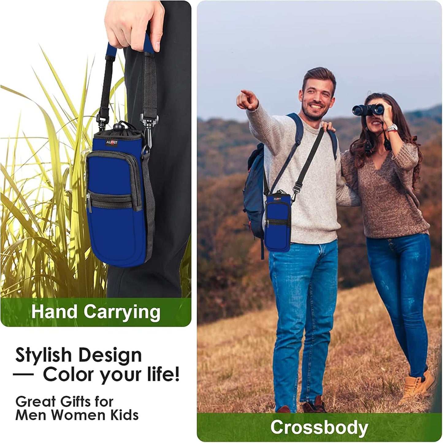 AUPET Water Bottle Sling Bag Sleeve Holder Carrier 25/32/40/64 oz,Insulated Crossbody Water Bottle Case Cover with Strap and Pockets for Men/Women Walking Hiking