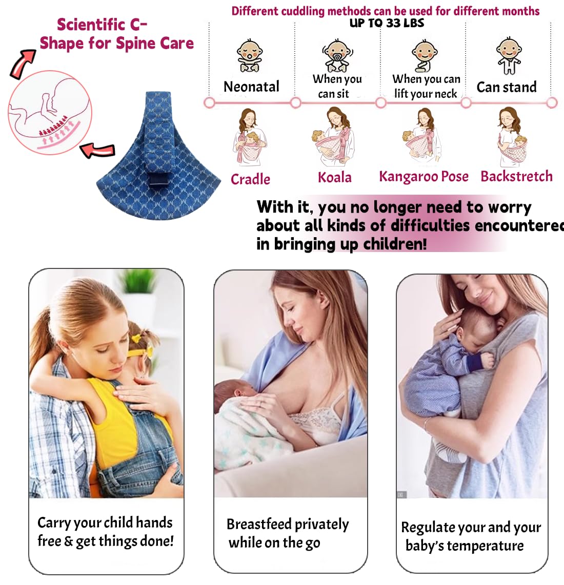 Baby Sling Carrier Adjustable Baby Sling 2025 Upgraded Toddler Sling Comfortable Baby Wrap Carriers Ergonomic-Designed, Travel Friendly Carrying 10-45 Lbs Blue