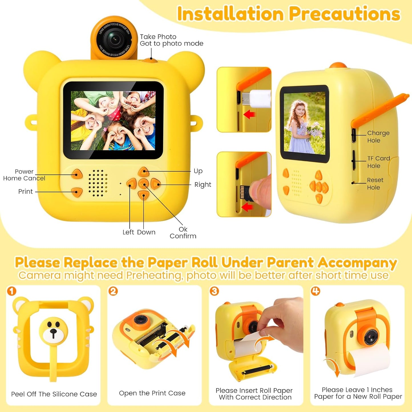 Kids Camera Instant Print, 7 Print Paper (4 Color: O/R/G/B+3 B&W), 2.4" Screen Instant Camera for Kids Ages 3-12,1080P, 180°Flip Lens,32GB Card- Christmas Birthday Present for Boys & Girls,M2