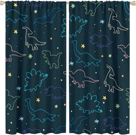 Cartoon Colorful Dinosaur Curtains for Kids Boys Girls Home Decor, Astronaut Funny Outer Space Star Blackout Rod Pocket Window Drapes for Bedroom Living Room W21xL45in 2 Panels