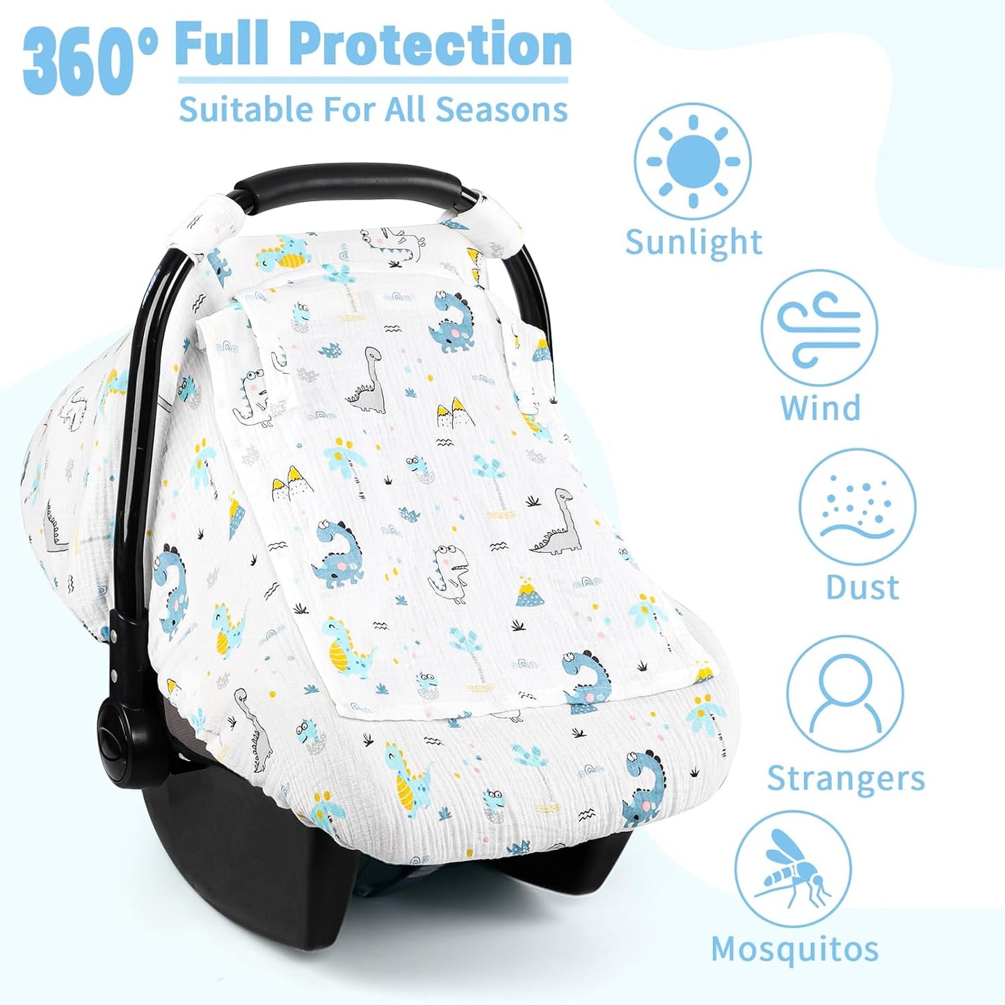 Car Seat Cover Baby, HNHUAMING Muslin Cotton Carseat Covers for Babies Girls Boys Summer Infant Car Seat Covers Canopy, Cozy Newborn Carseat Covers Stroller Cover with Breathable Mesh Window, Dinosaur