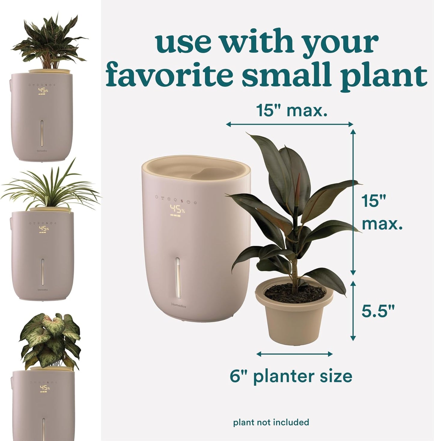 Homedics Natura Ultrasonic Warm & Cool Mist Humidifier, 1.3-Gal for Large Rooms, 60-Hr Runtime, Plant Holder, Programmable Humidity, Auto Shutoff, Nightlight Small Plant Compatible(Plant Not Included)