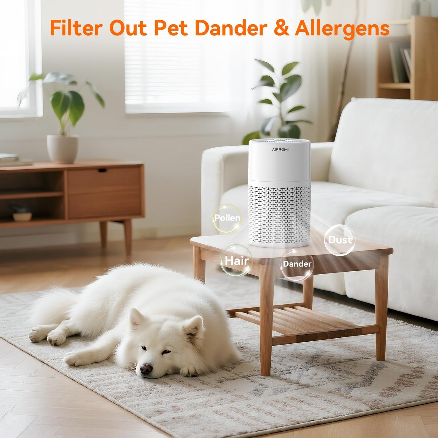 AIRROMI Pets Air Purifier for Home Allergies,Up to 660 ft².Yellow Deodorizing Activated Carbon Filter,With Fragrance Sponge for Better Sleep,Night Light,Pet Dander,Smoke,Odors,Air Cleaner A2002 White