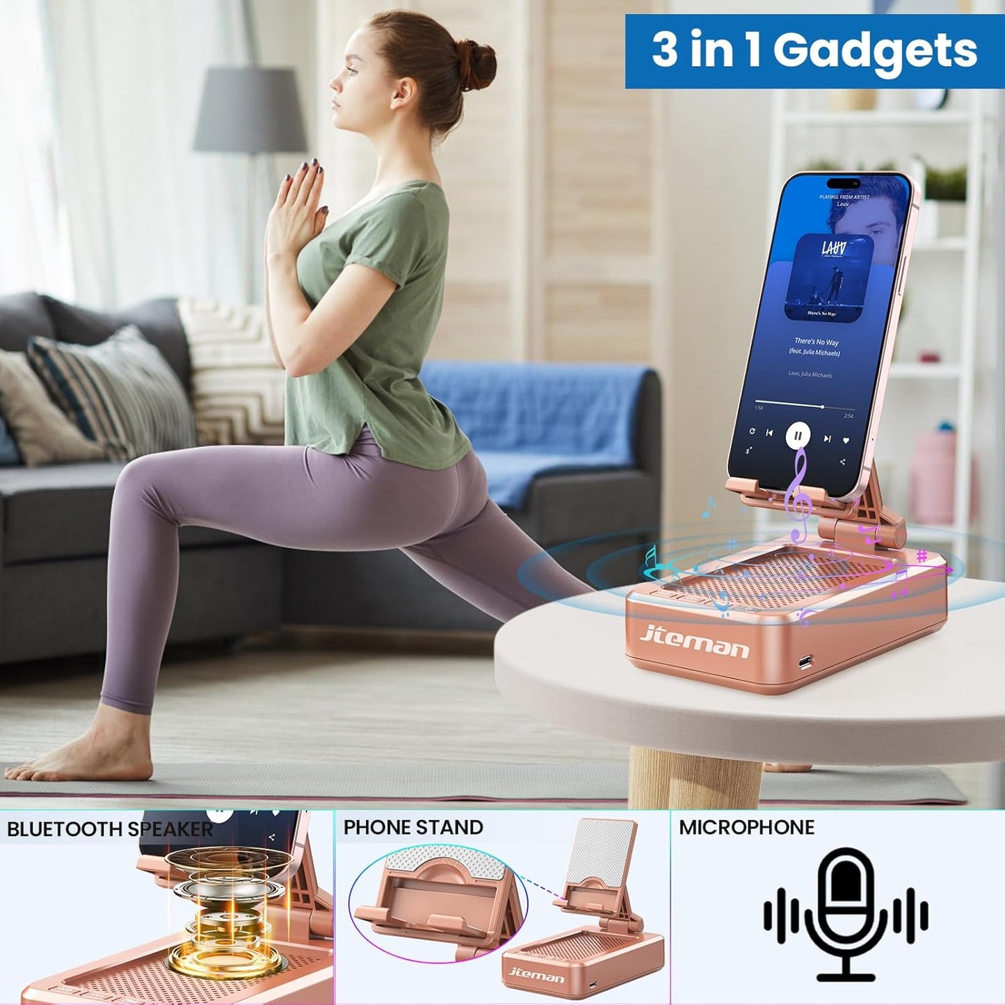 Jteman Portable Phone Stand with Speaker Bluetooth Wireless, Gifts for Women, Birthday Gift, Kitchen Gadget, Phone Holder for Desk - Rose Gold