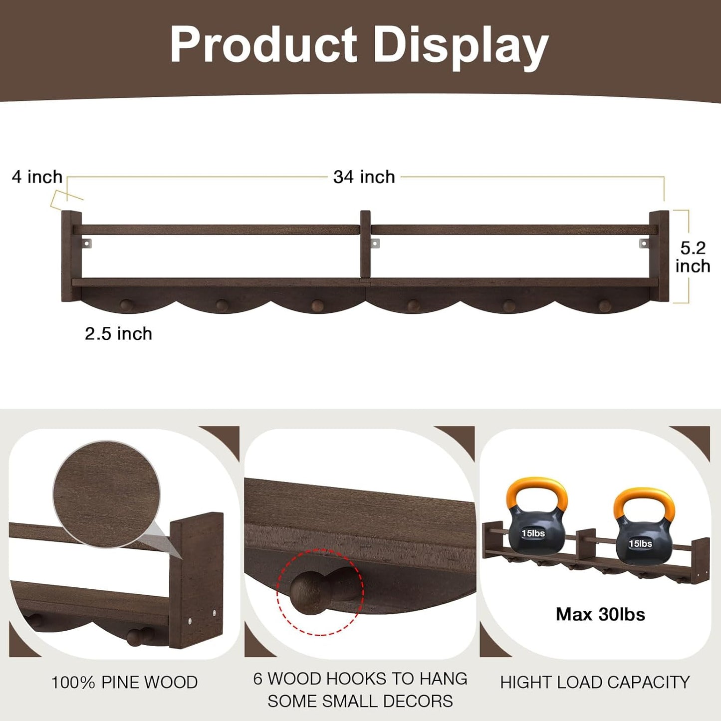 34Inch Nursery Bookshelves,Set of 4,Wall Floating Shelf Kids Coat Rack with 6Hooks,Hanging Book Shelf for Baby Nursery Room Décor (Dark Brown, 34)