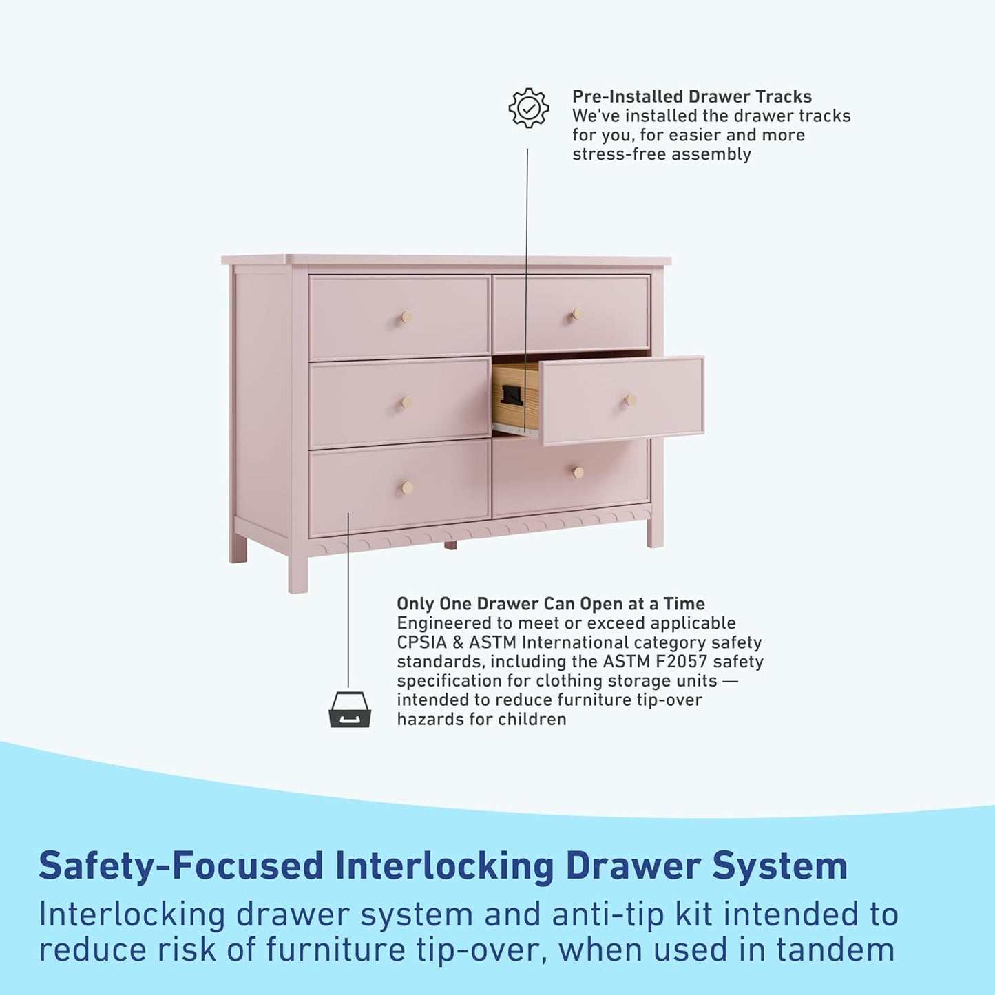 Graco Sasha 6 Drawer Dresser (Blush) – GREENGUARD Gold Certified, Wood Storage for Nursery or Kids’ Room, Safe Interlocking Drawer System & Easy Assembly with Pre-Installed Tracks
