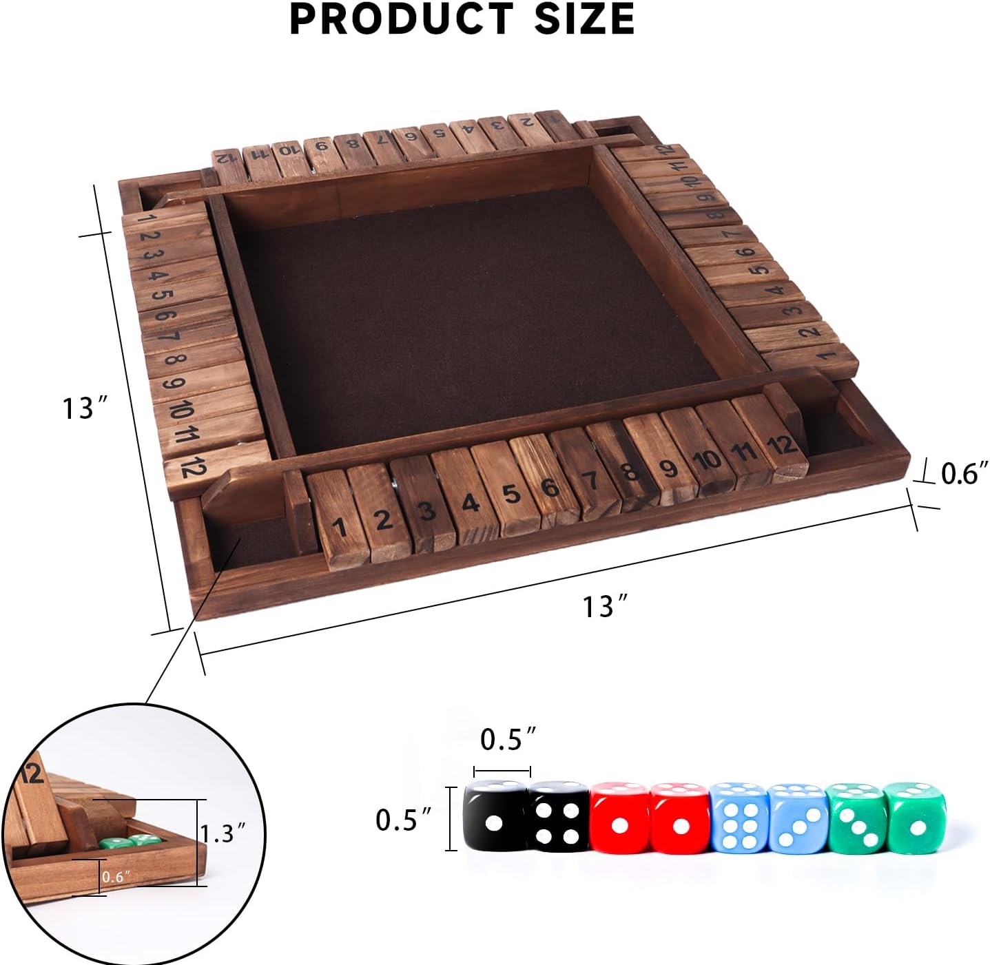 GSE Games & Sports Expert 1-4 Player Wooden Shut The Box Board Game with 8 Dice. 4-Way 12 Numbers Shut The Box Dice Set of Popular English Pub Board Game - Walnut