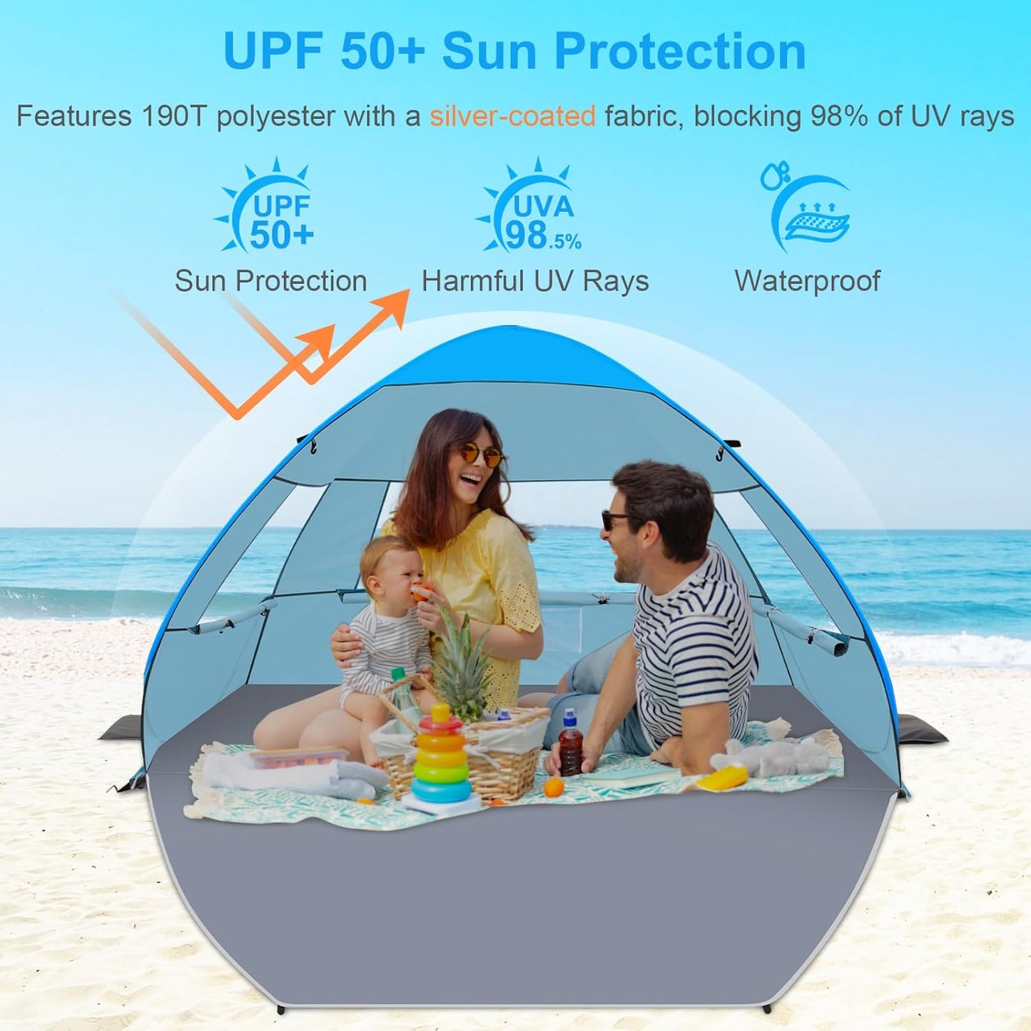 Gorich Easy Pop Up Beach Tent for 3-4 Person, UPF 50+ UV Protection Beach Umbrella Sun Shelter, Portable Lightweight Shade with Easy Foldable & Instant Setup