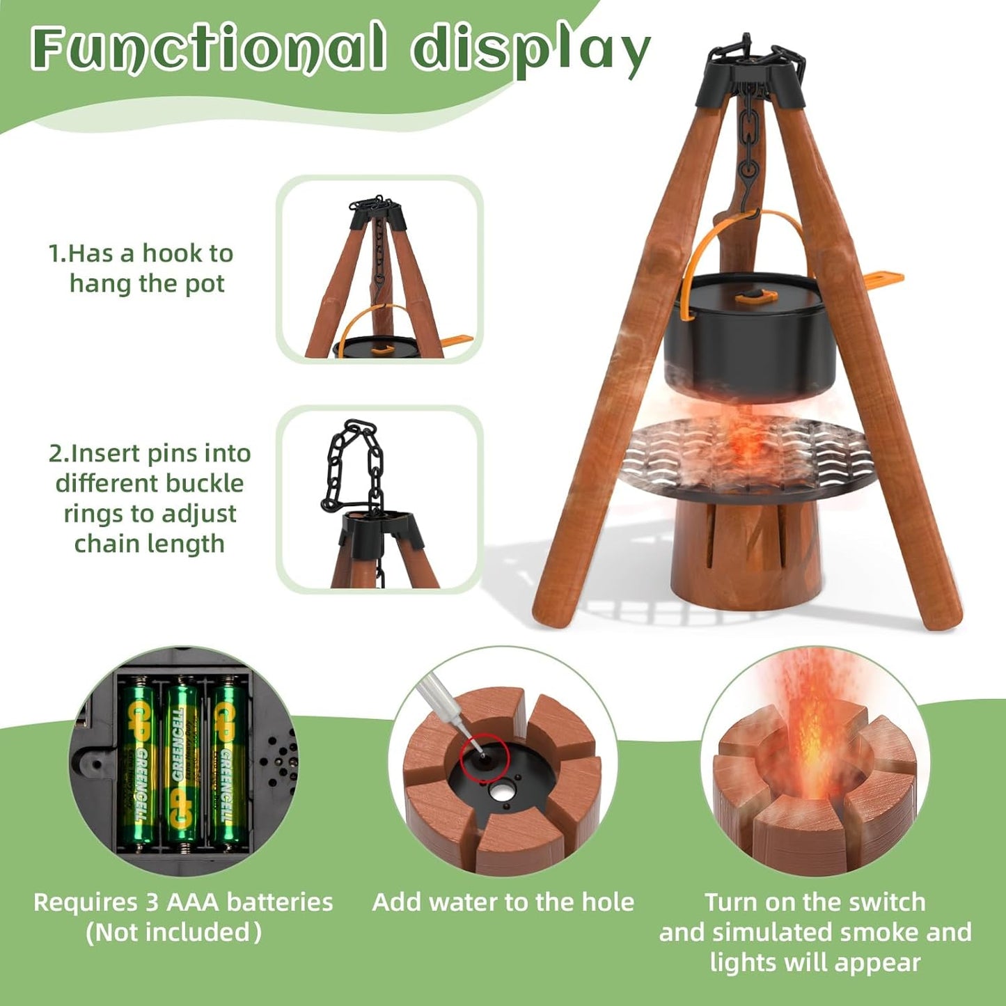 Kids Camping Toys Set - Pretend Play Camping Set with Food Toy, Spray Stove, Oil Lantern, Binoculars, Compass, Tableware, Watch & Storage Bag, Birthday for Ages 3+