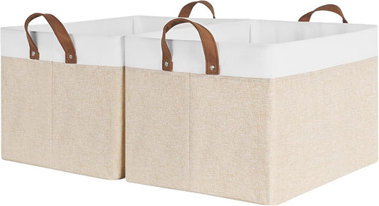 StorageWorks Storage Bins, Fabric Storage Bins for Shelves, Extra Large Storage Baskets with Metal Frame, Closet Baskets and Bins with Handles, Jumbo, Brown and White, 2-Pack
