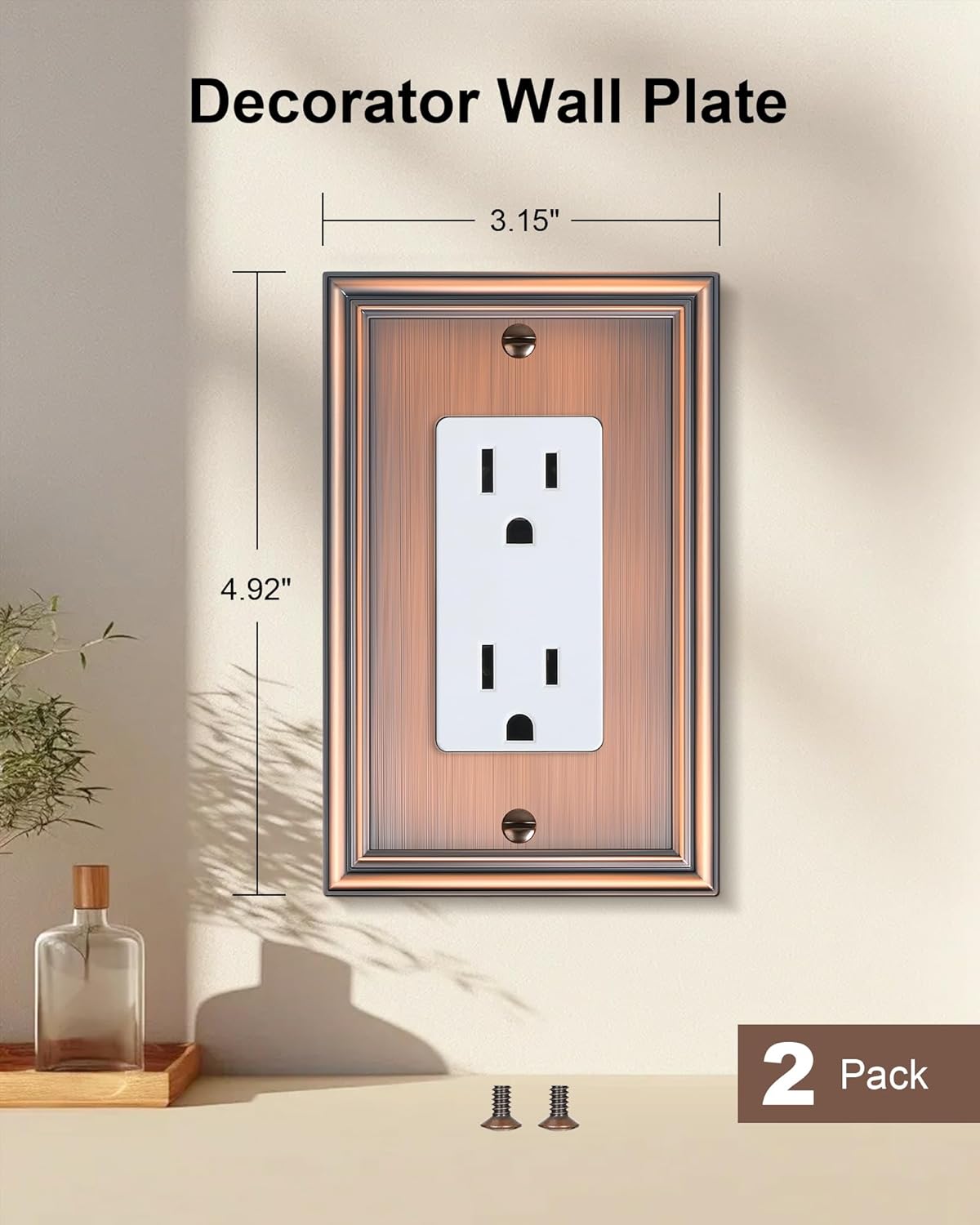 2-Pack Decorator Outlet Cover Plate, Antique Copper Decorative Switch Plates and Outlet Covers, Durable Zinc Alloy Wall Plates for Electrical Outlets, Receptacle, GFCI Outlet, Dimmer Switch