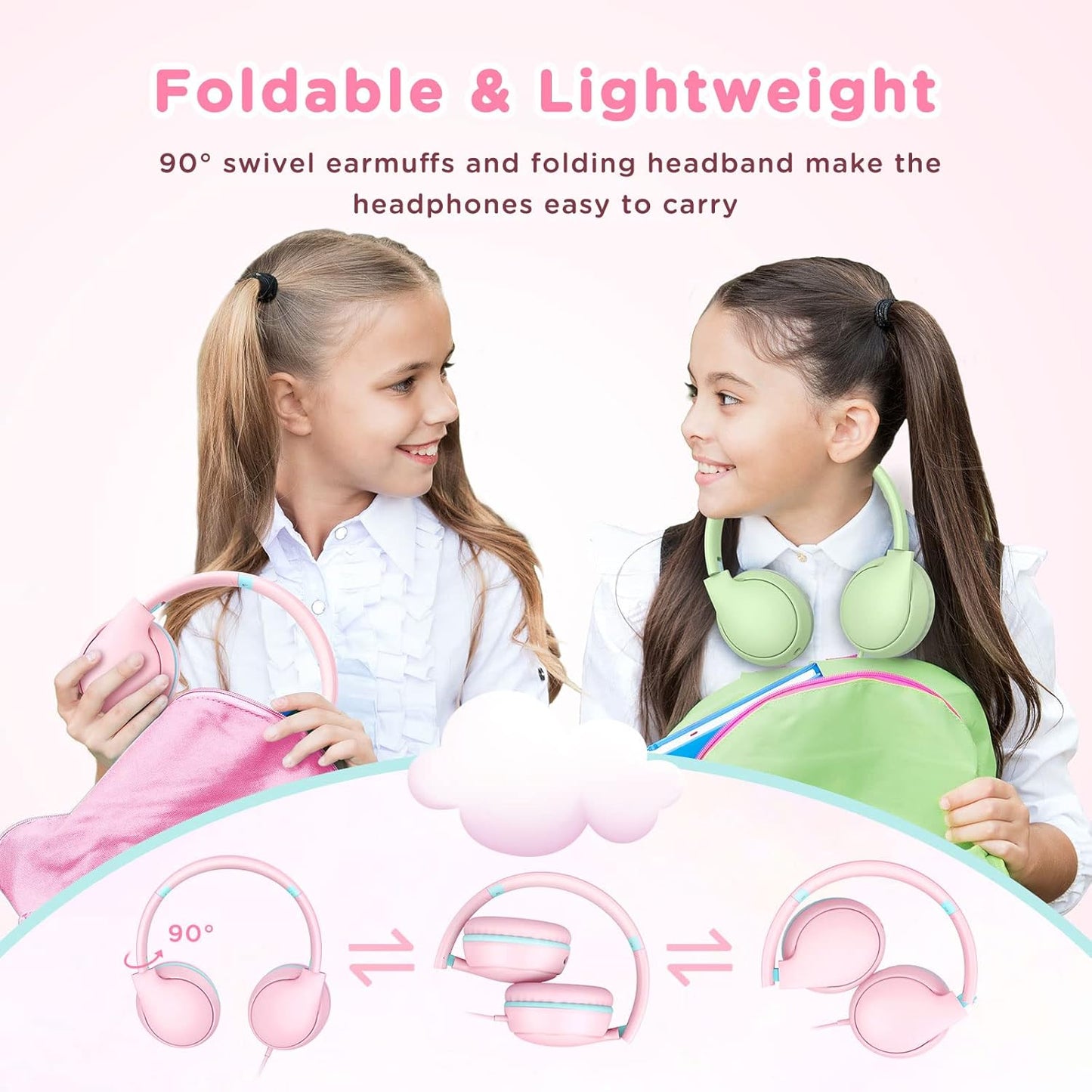 Kids Headphones Wired with Microphone, Over Ear 85/94dB Volume Limited Headphones with Share Port, Stereo Sound Foldable Headset for Teens/Boys/Girls - Pink