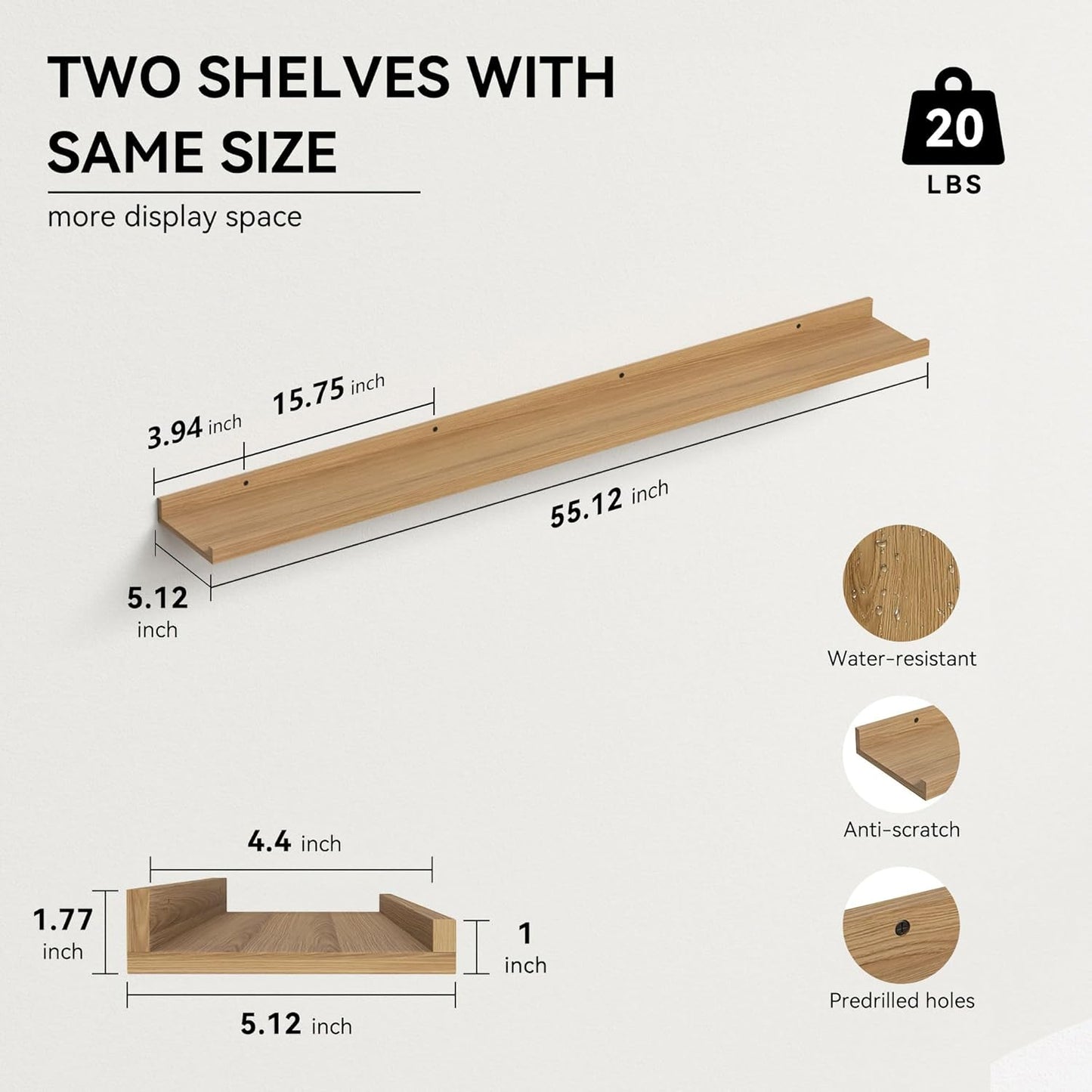 55.1 Inches Long Floating Shelves, 2 Set Rustic Wall Shelf for Bedroom, Nursery Book Shelf with Lip, Picture Ledge Shelf for Living Room, Bathroom, Kitchen - Oak