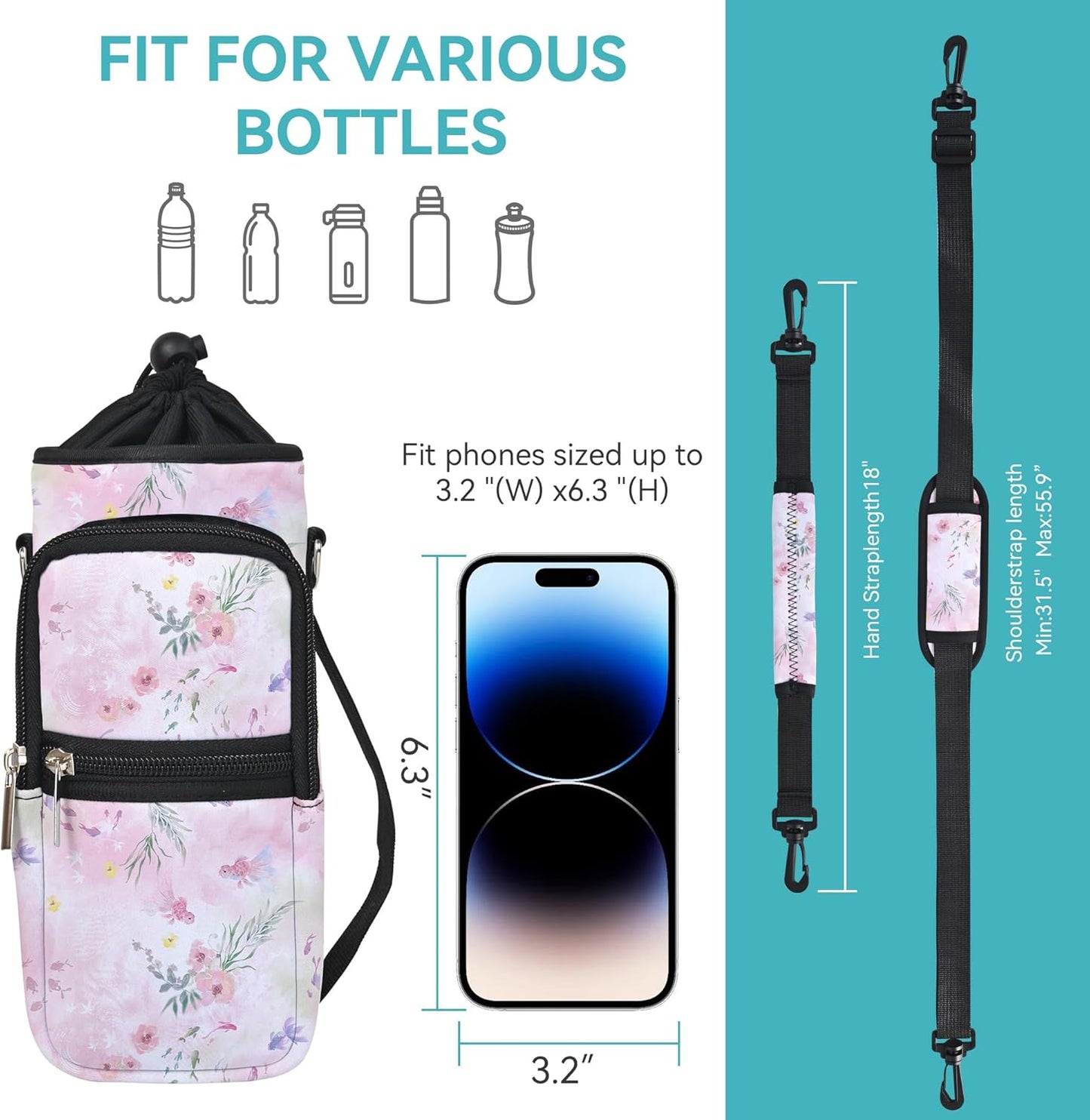 25/32/40/64oz Water Bottle Bag Holder Carrier-Insulated Crossbody Sling Case Sleeve with Strap & Pockets for Men Women Gym Cycling Travel Walking Hiking Camping